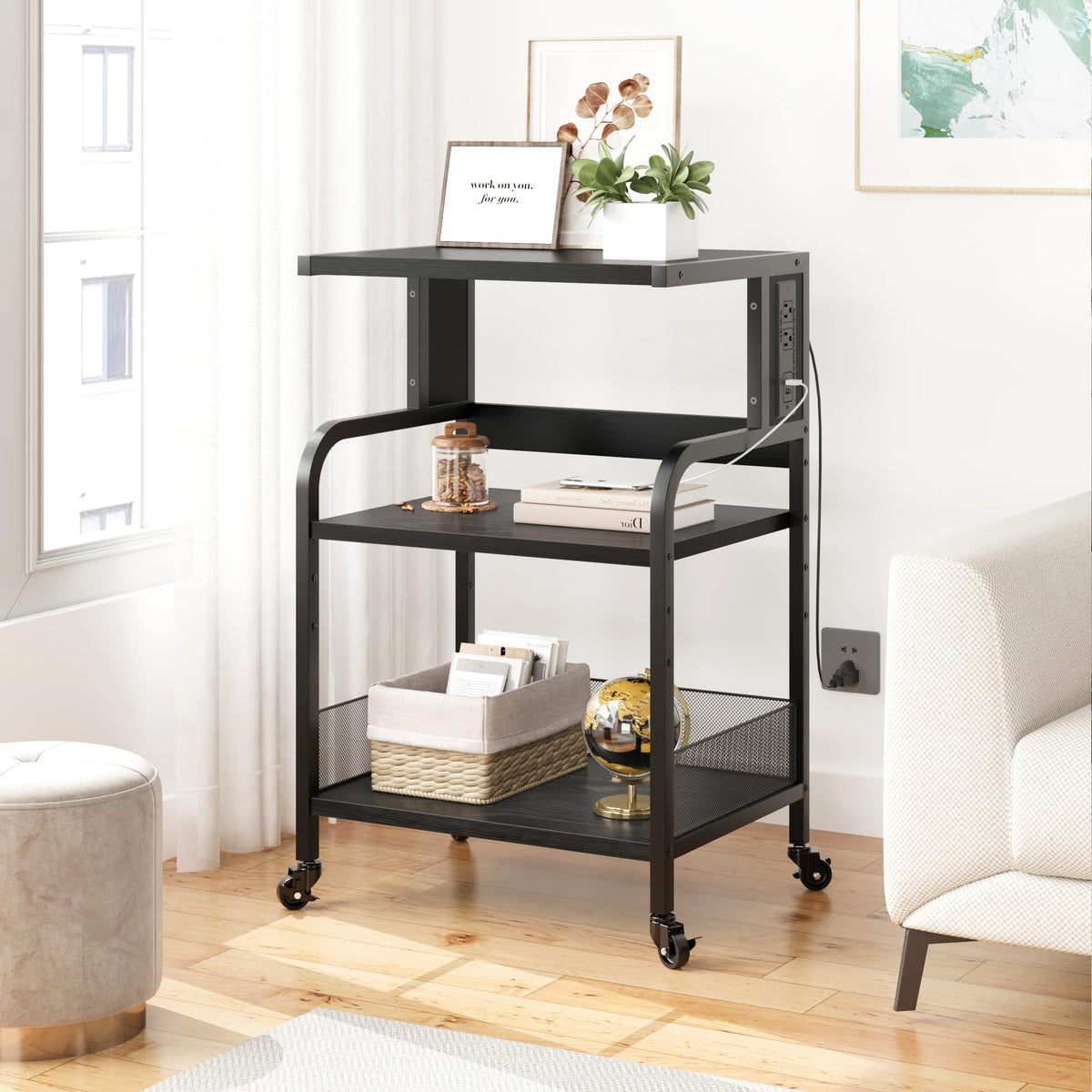 Garvee support pour imprimante mobile grand format avec 2 ports secteur et 2 ports usb, réglable sur 3 niveaux, en métal et MDF, 4 roues avec freins, étanche, pour le bureau et la maison, 52 × 40 × 80 cm