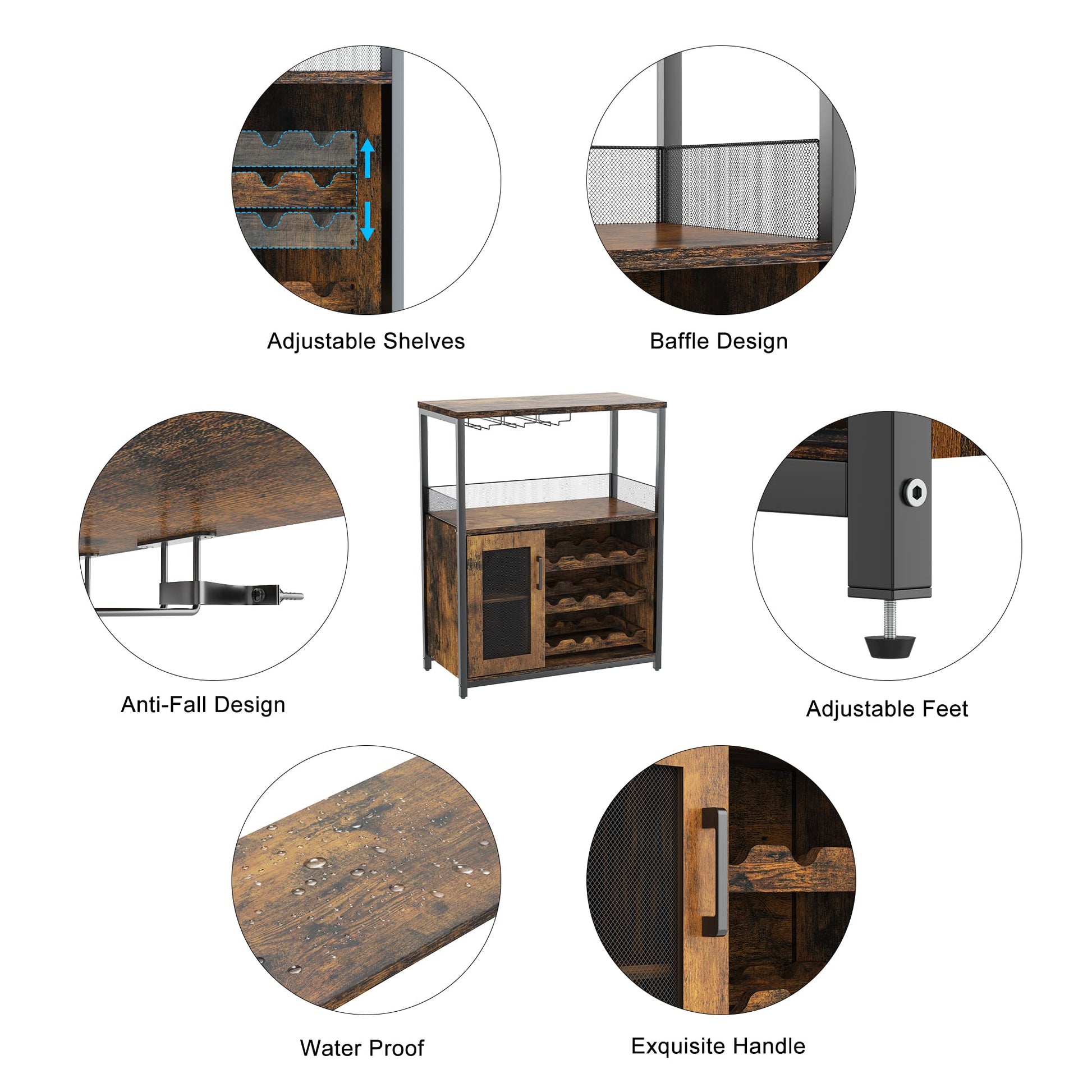 Meuble bar à vin Garvee à 3 niveaux avec casier à bouteilles amovible, porte-verres et porte grillagée pour cuisine et salon, 69 cm L x 35 cm P x 92 cm H, MDF et fer, polyvalent