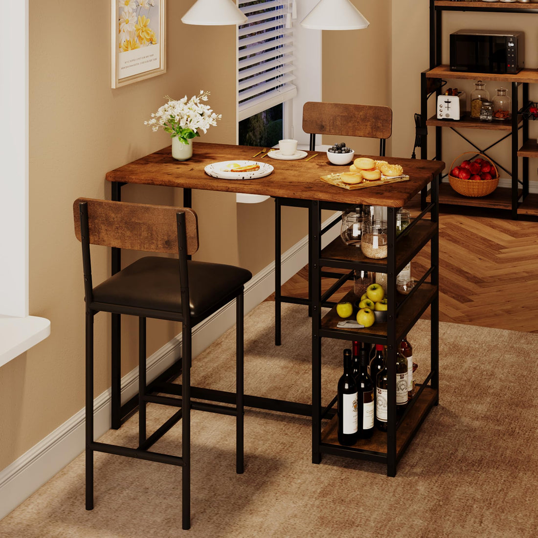 Garvee Table de bar avec 2 tabourets rembourrés, ensemble 3 pièces. Pour cuisine, petits espaces, style vintage.