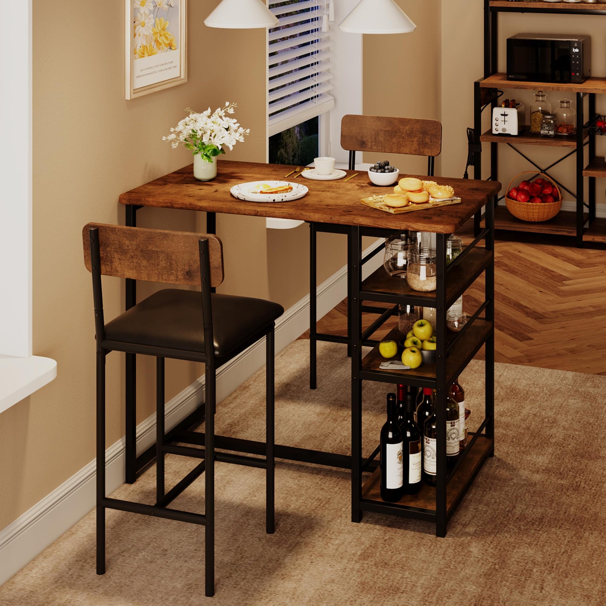Garvee Table de bar avec 2 tabourets rembourrés, ensemble 3 pièces. Pour cuisine, petits espaces, style vintage.