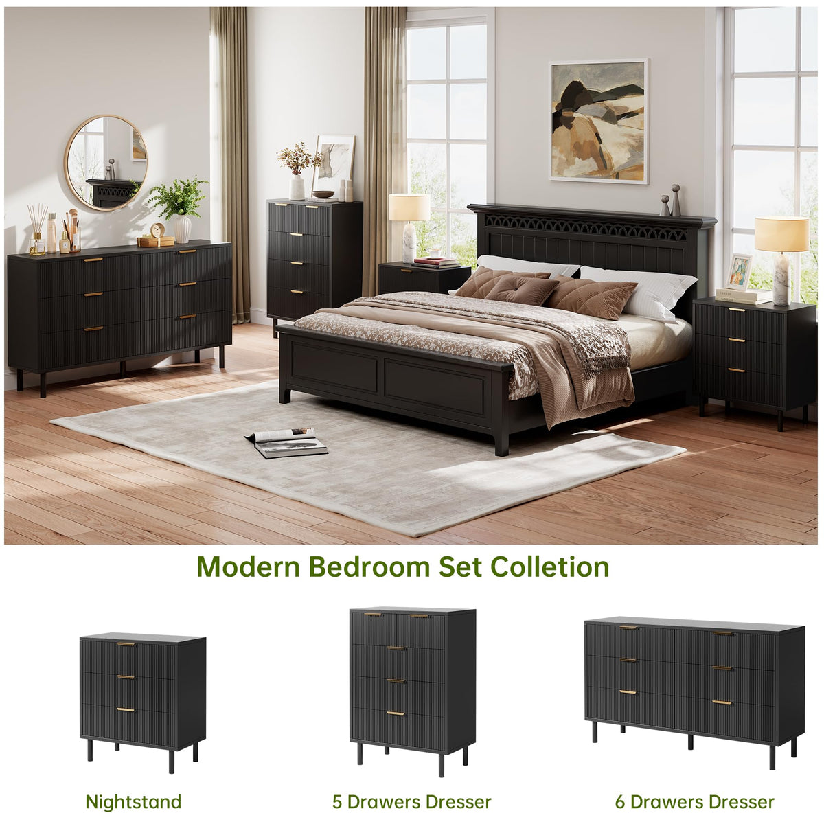 Garvee commode noire cannelée à 3 tiroirs, pieds en métal, mélamine noire, pour la chambre et le salon