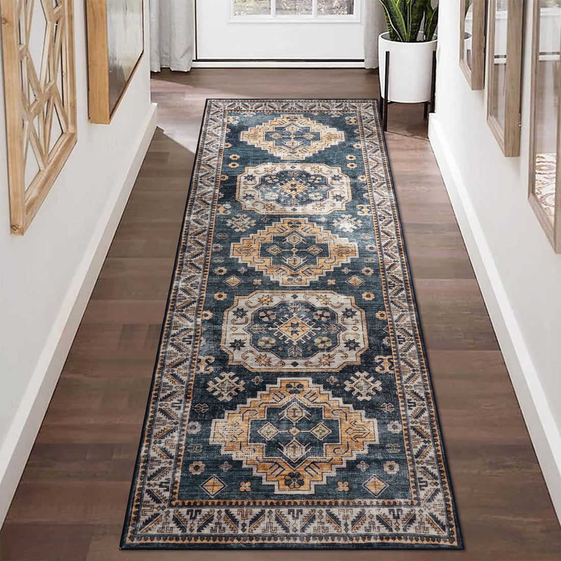 Tapis de salon vintage Garvee, doux, lavable, style campagnard oriental, bleu marine, 60 x 230 cm