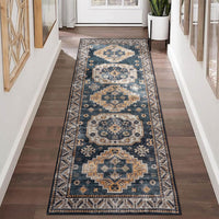 Tapis de salon vintage Garvee, doux, lavable, style campagnard oriental, bleu marine, 60 x 230 cm