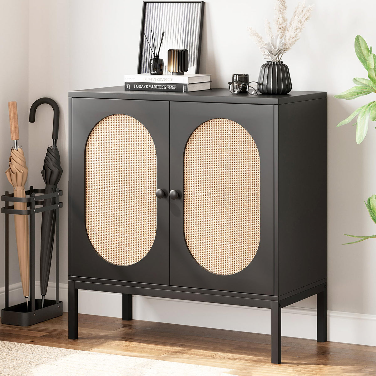 Garvee buffet en rotin tressé à la main, avec portes et étagères, en MDF noir, pour le salon et la salle à manger, 80 × 40 × 83 cm, noir