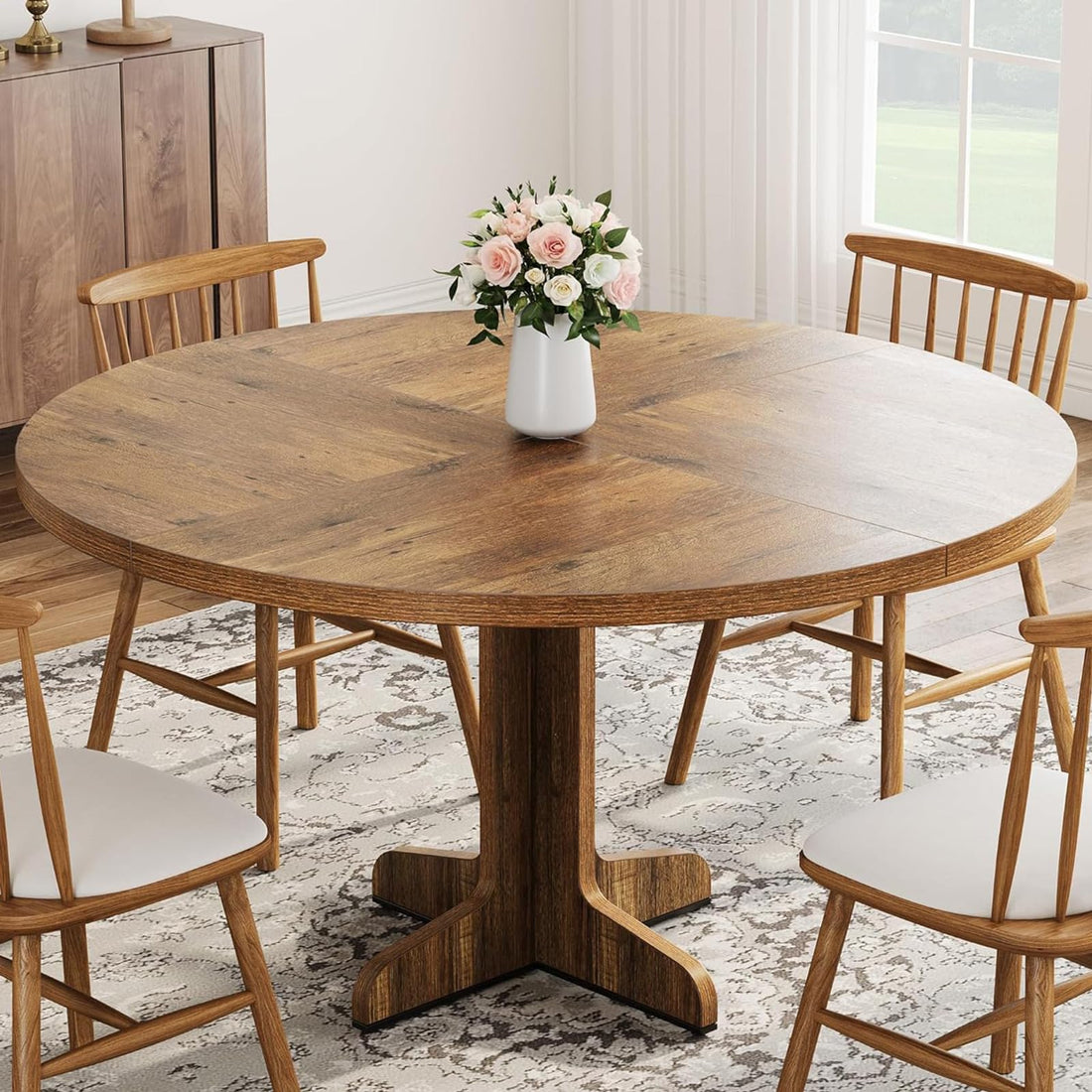 Garvee Table à manger ronde en bois 119 cm pour 4 à 6 personnes, structure robuste, pieds réglables, finition noire élégante, cuisine et salon