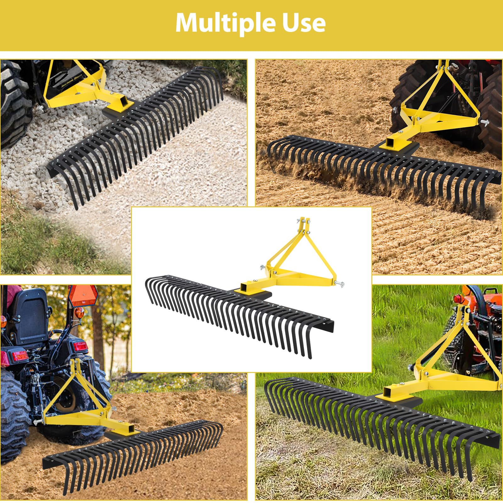 Râteau à pierres d'aménagement paysager Garvee de 1,5 m (5 pi) avec attelage 3 points, dents en acier rotatives à 360°, robuste, pour tracteurs, horticulture et chantiers de construction.