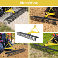 Râteau à pierres d'aménagement paysager Garvee de 1,5 m (5 pi) avec attelage 3 points, dents en acier rotatives à 360°, robuste, pour tracteurs, horticulture et chantiers de construction.