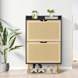 Meuble à chaussures Garvee pour entrée avec organiseur en rotin, tiroir rabattable, aéré, compact, 98,2 x 60 x 23,5 cm, MDF, couleur naturelle - Noir