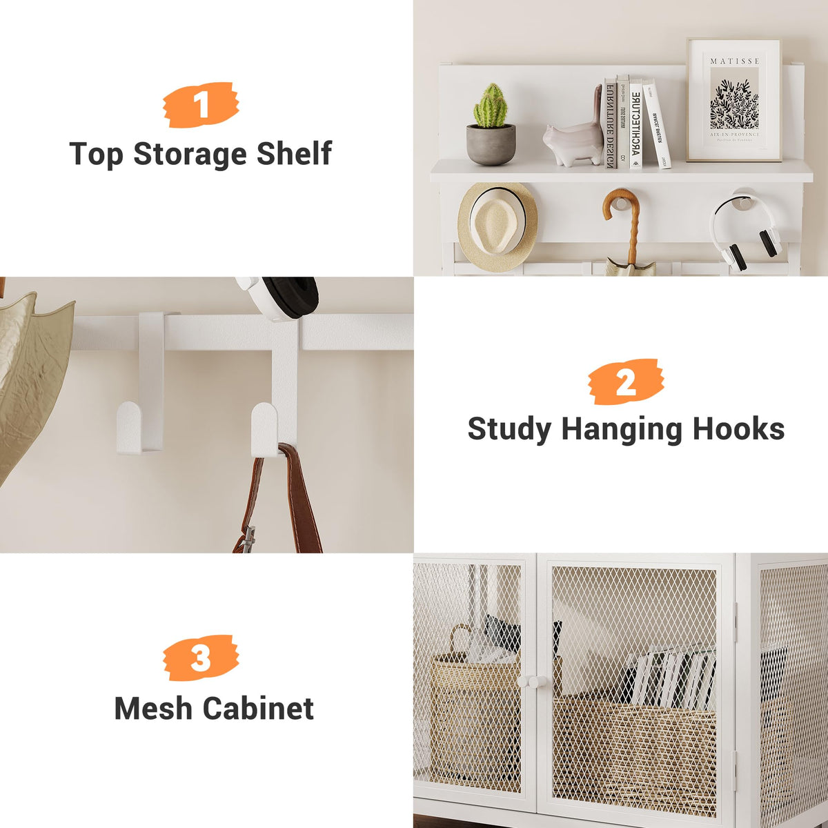 Armoire-penderie Garvee Hall Tree avec portes, blanche, 185 cm - 7 crochets et étagère à chaussures pour couloir, chambre, entrée - MDF et métal - Pieds anti-basculement et réglables