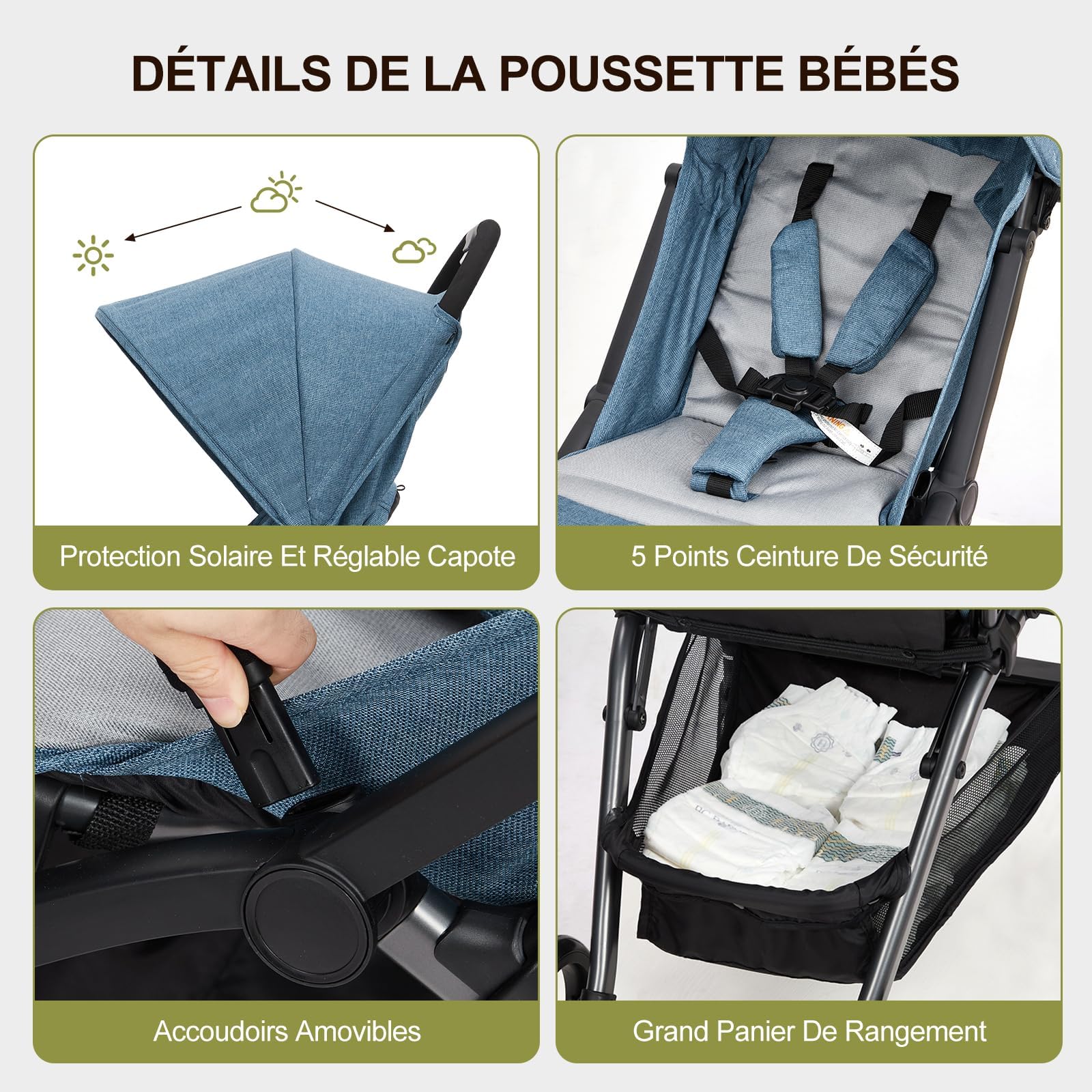 Poussette GARVEE, poussette de voyage pliable, compacte et ultralégère, pour les nouveau-nés jusqu'à 22 kg, dossier réglable, grande capote avec fenêtre, pneus EVA