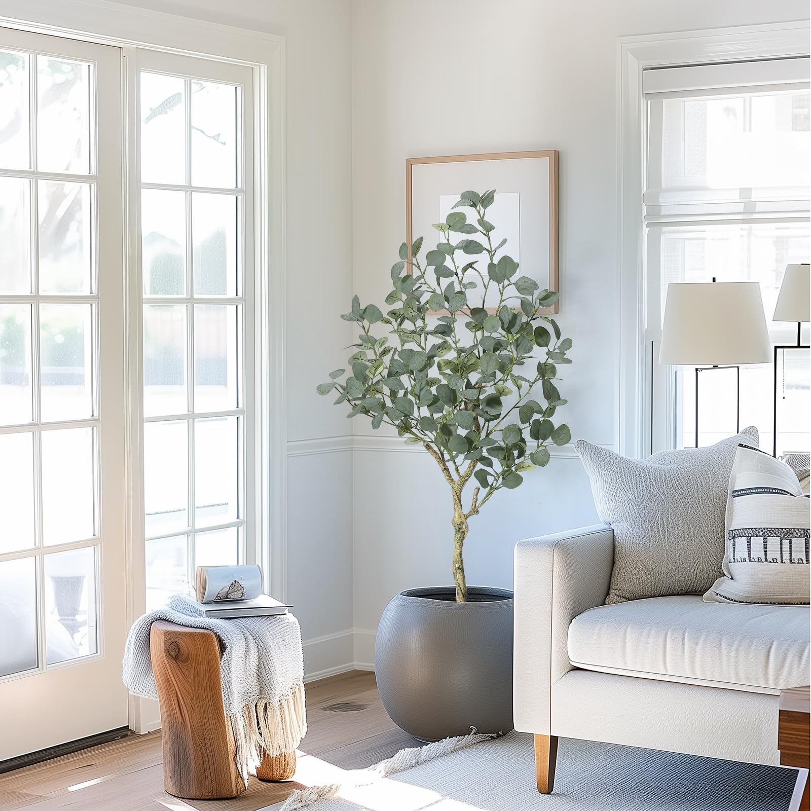 Eucalyptus artificiel Garvee de 120 cm avec branches ajustables et pot en PP sécurisé pour la décoration intérieure/extérieure (vert)