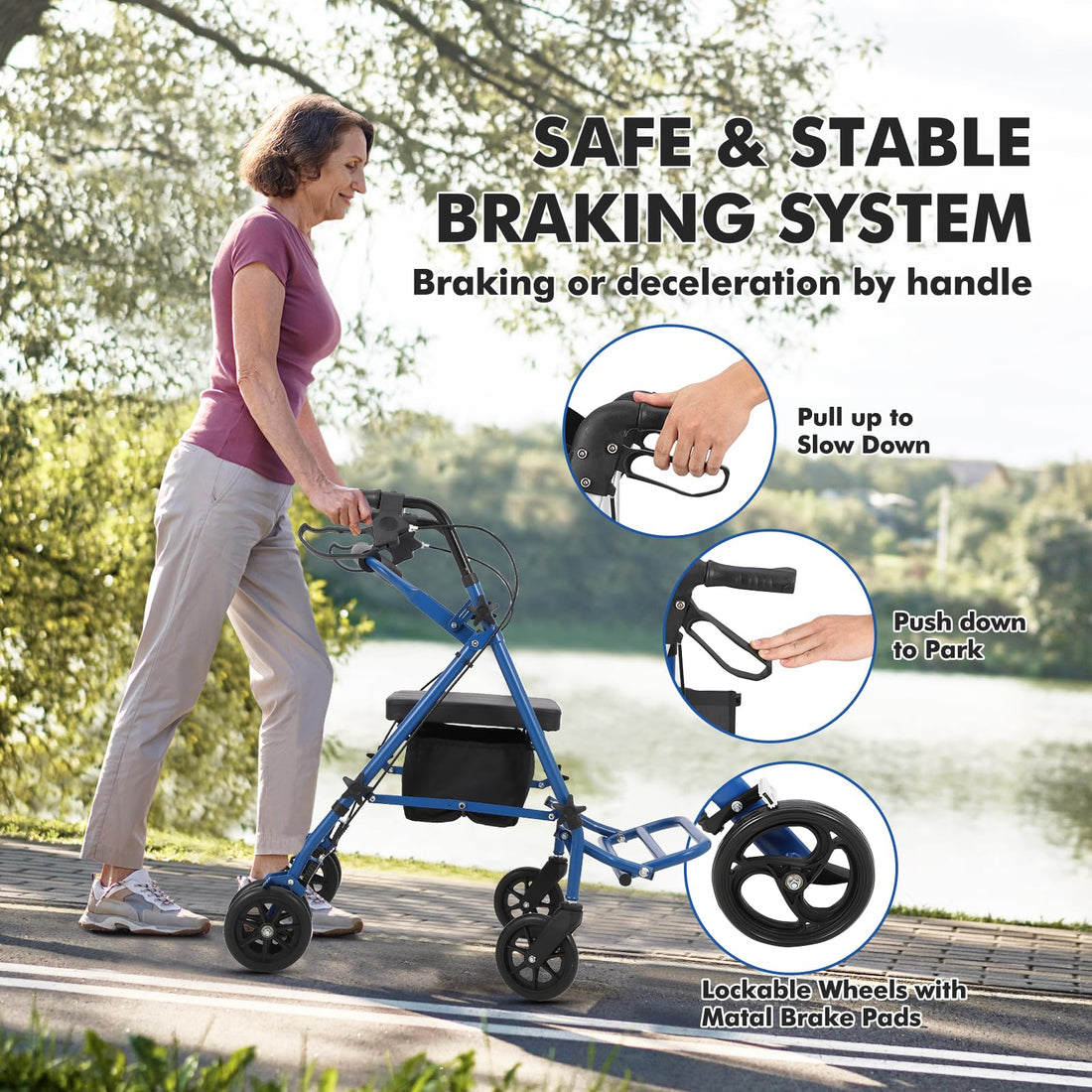 Garvee Rollator de transport 2 en 1 pour seniors, aluminium à double pliage, siège confort, freins sécurisés, roues tout-terrain, usage extérieur, bleu et noir