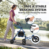 Garvee Rollator de transport 2 en 1 pour seniors, aluminium à double pliage, siège confort, freins sécurisés, roues tout-terrain, usage extérieur, bleu et noir - Bleu et Noir