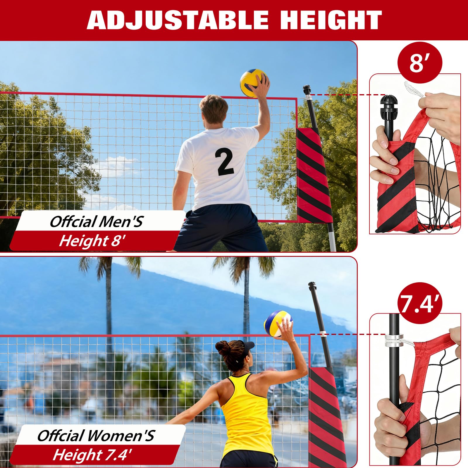Filet de volley-ball Garvee 3,65 m (12 pi) à hauteur réglable, portable, avec poteaux en fibre de verre et filet 3 couches résistant aux déchirures, idéal pour la plage et le jardin.