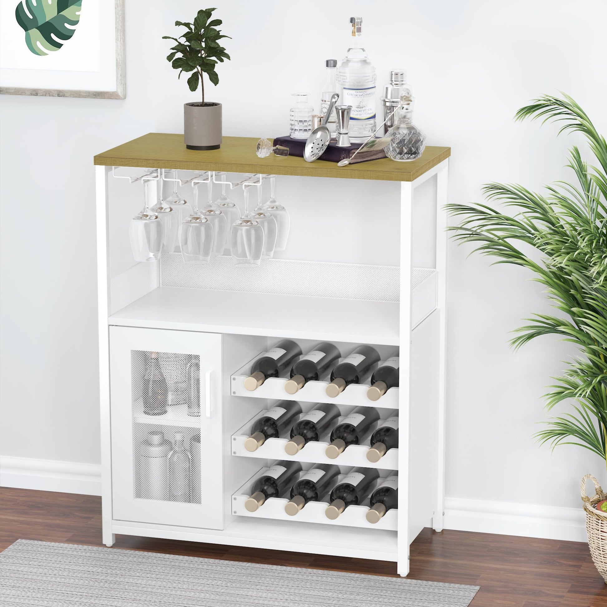 Meuble bar à vin Garvee, 3 niveaux avec casier à vin amovible pour cuisine et bar, 69 cm L x 35 cm P x 92 cm H, blanc, MDF robuste et fer