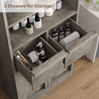 Armoire de salle de bain haute Garvee avec portes et 2 tiroirs, 130 cm de hauteur, MDF, imperméable, résistant aux rayures, autoportante, grise, polyvalente