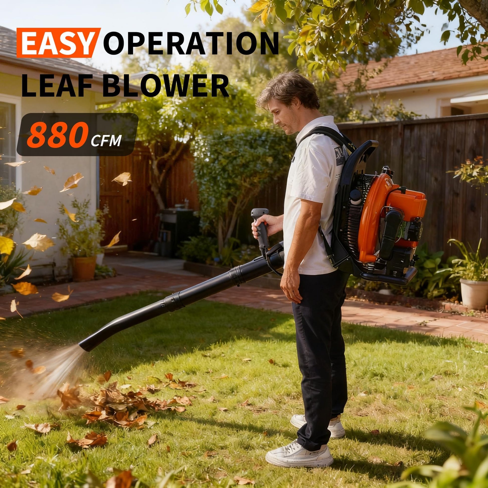 Garvee Souffleur de Feuilles à Dos 2 Temps 66 cm³, 4,0 CV, Débit d’Air 25 m³/min, Vitesse 515 km/h, Plastique, pour Jardiniers et Entreprises Paysagistes, Orange et Noir