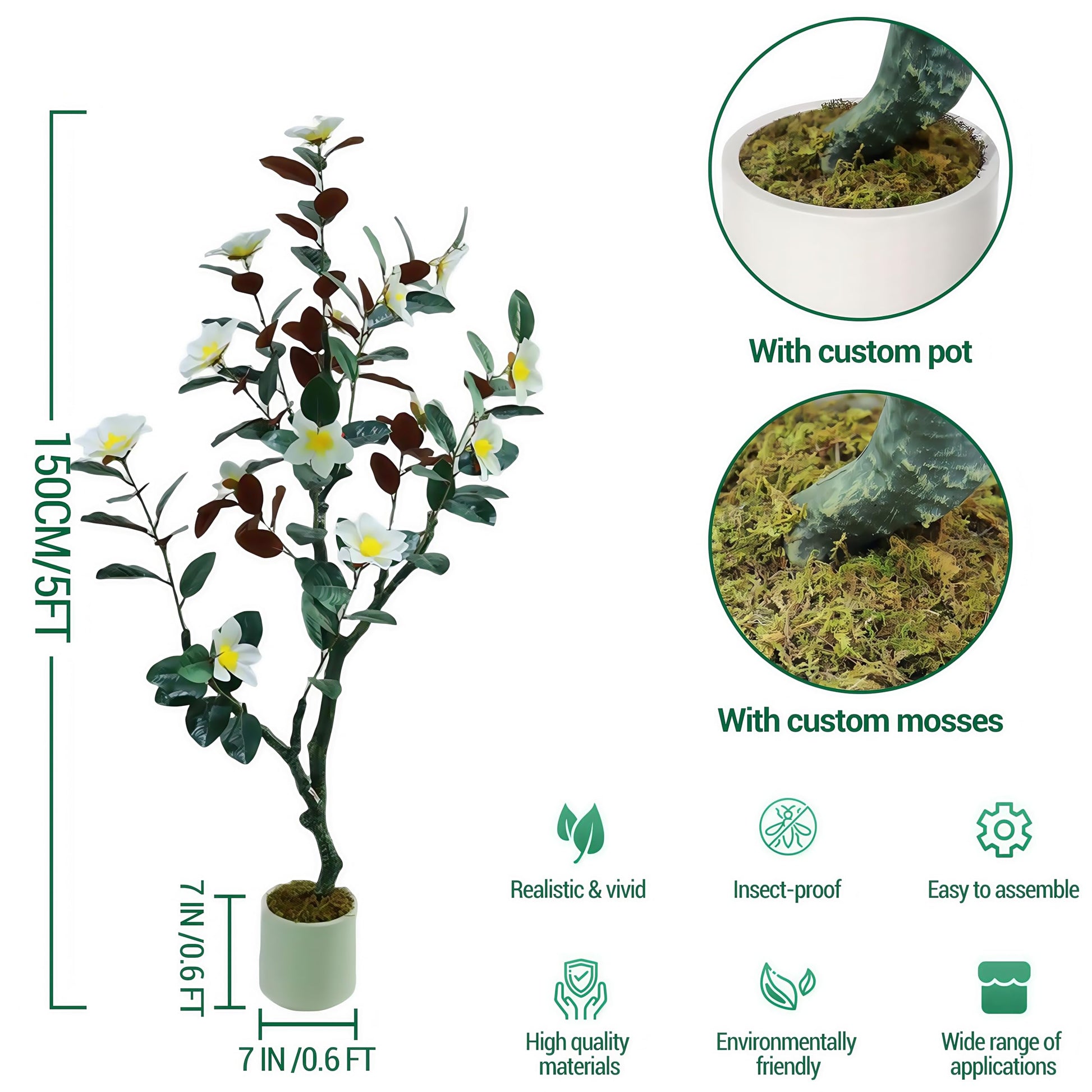 Magnolia artificiel Garvee de 1,5 m, floraison réaliste, entretien facile, pour la maison et le bureau, vert