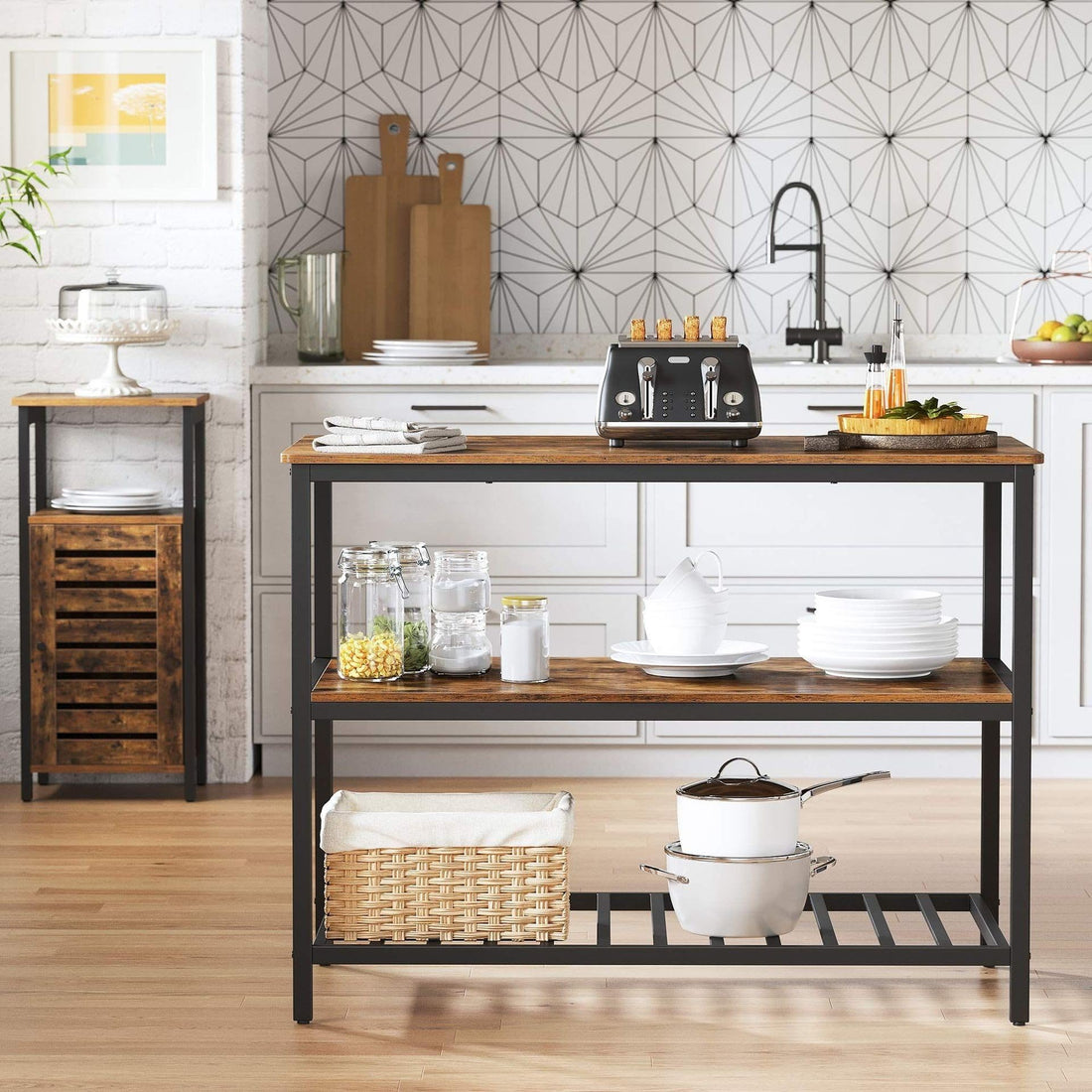 Garvee étagère de cuisine à 3 niveaux avec grand plan de travail, structure robuste en acier, style industriel, 120 × 60 × 90 cm, marron rustique