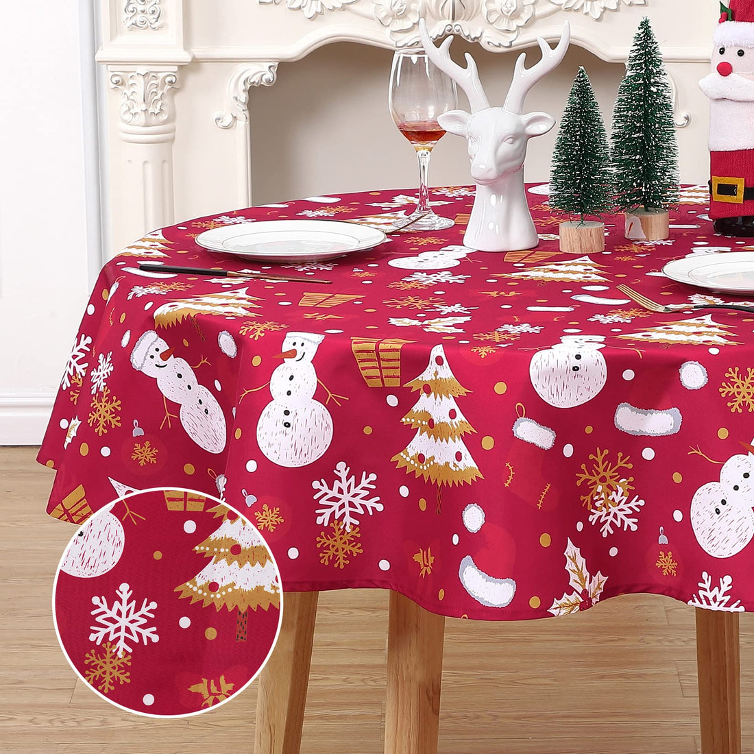 Nappe Garvee Kerst imperméable à motif bonhomme de neige, verte moderne, ronde, 152 cm (60 pouces), idéale pour la cuisine, le salon, les fêtes et les buffets.