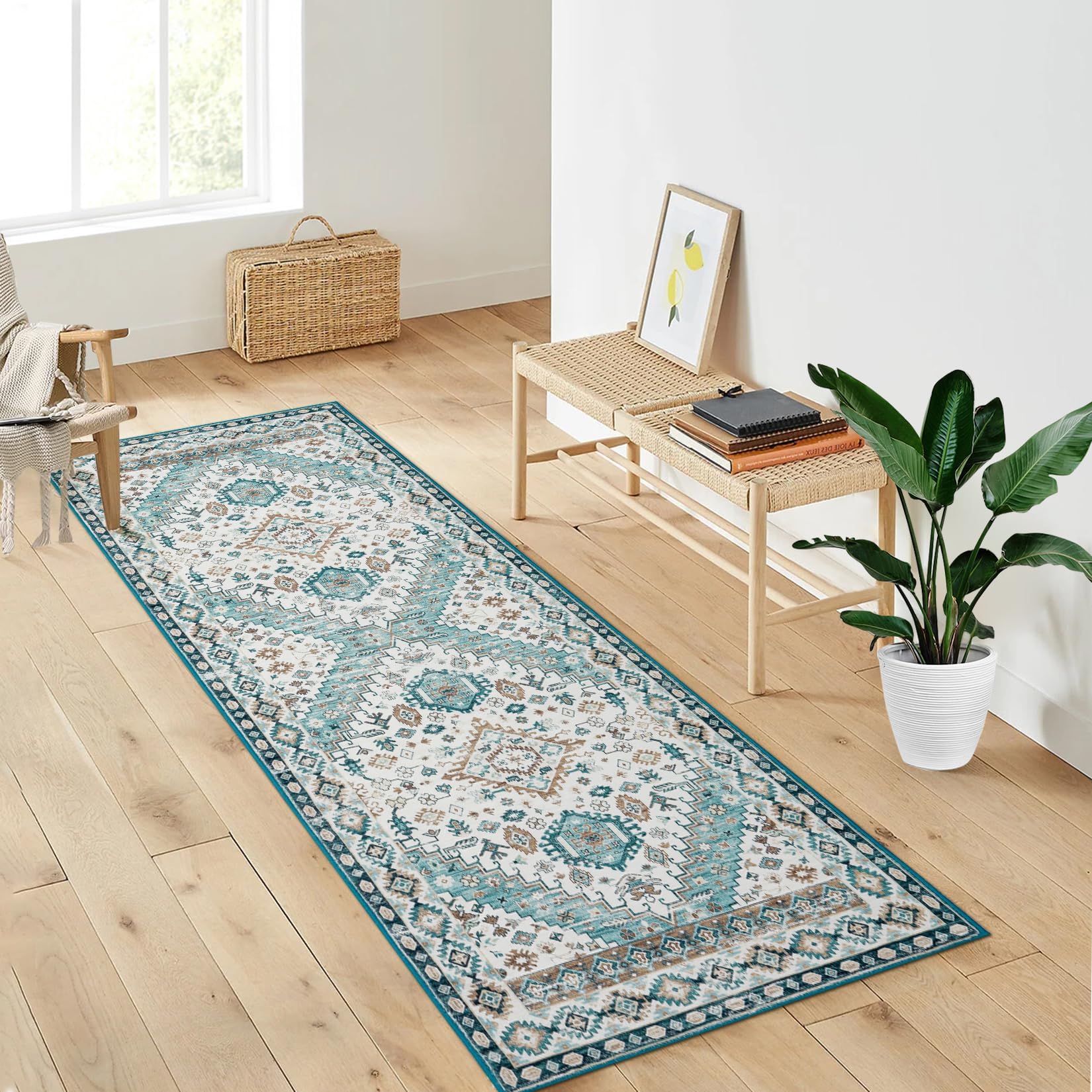 Tapis de couloir vintage lavable Garvee 60 x 230 cm, vert foncé, pour salon, chambre et cuisine. Antidérapant et facile à nettoyer.