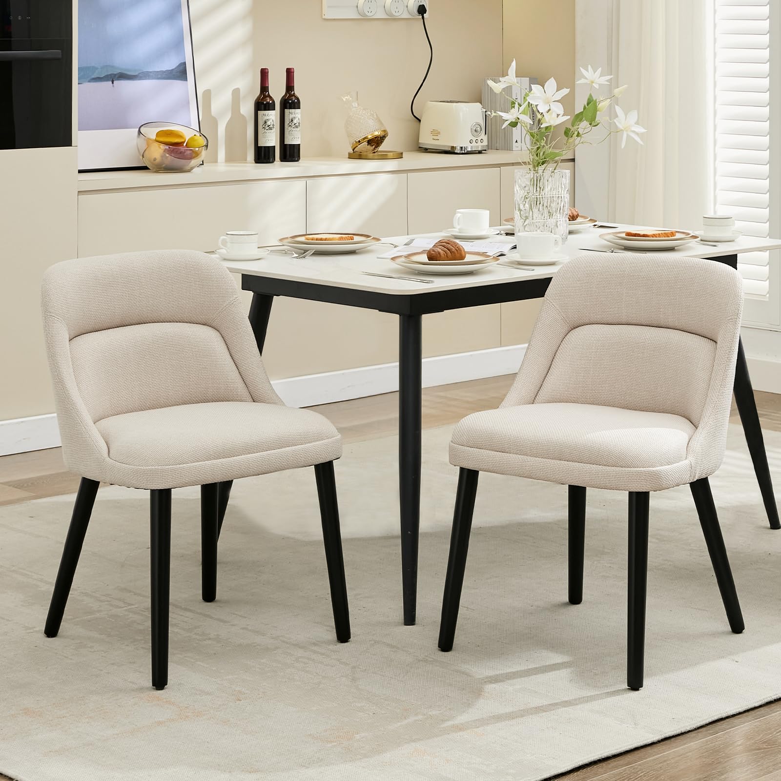 Ensemble de 2 chaises de salle à manger Garvee style Mid-Century, revêtement en lin beige, pieds en bois, pour cuisine et salon, capacité de charge de 136 kg, design moderne
