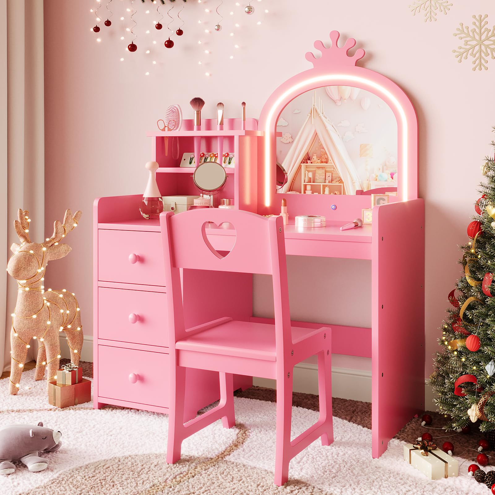 Garvee Bureau-Coiffeuse Enfant Princesse avec Miroir LED, 2-en-1 Convertible, MDF, Rangement et Chaise, Idéal pour Jeux et Étude