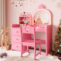 Garvee Bureau-Coiffeuse Enfant Princesse avec Miroir LED, 2-en-1 Convertible, MDF, Rangement et Chaise, Idéal pour Jeux et Étude