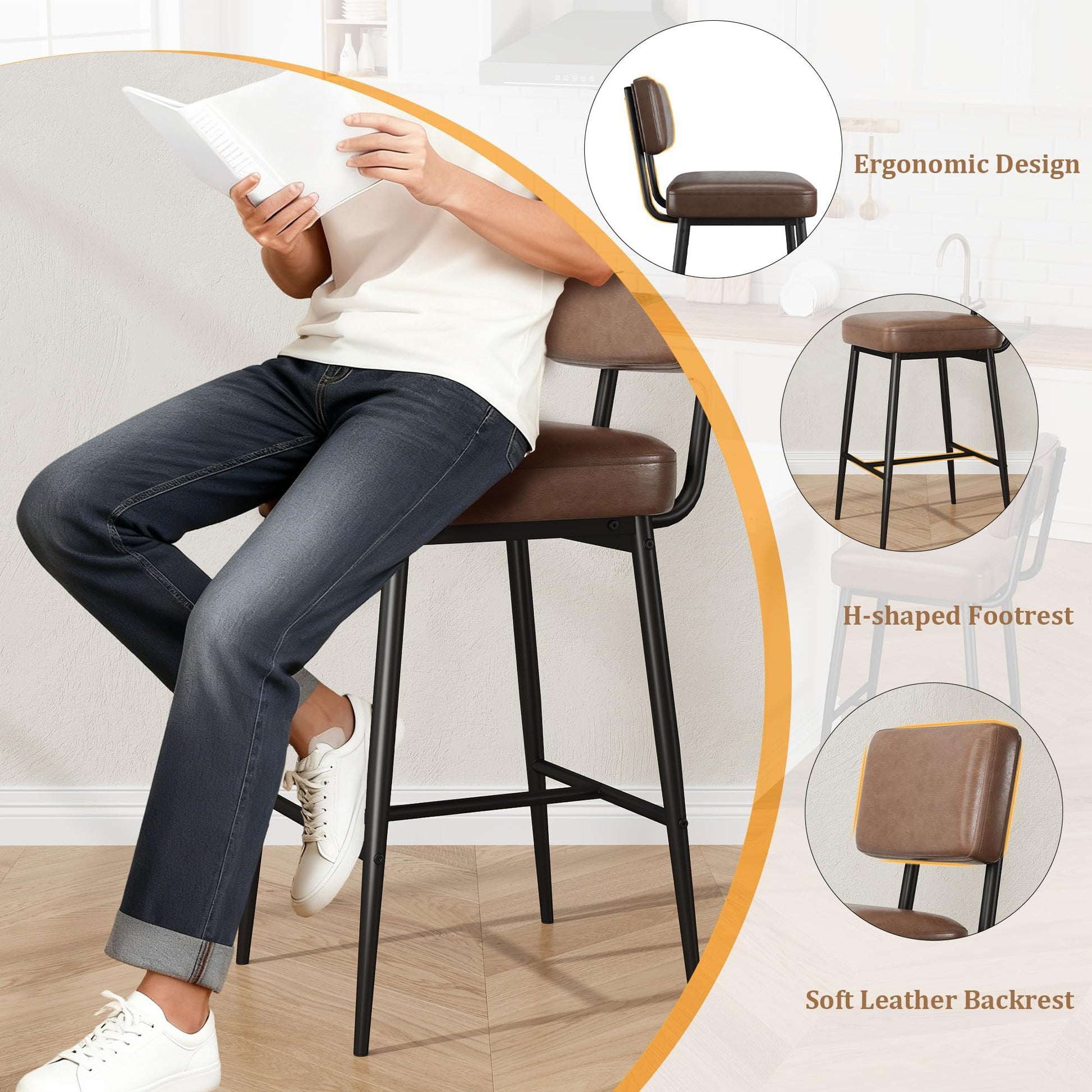 Ensemble de 2 tabourets de bar Garvee, 66 cm (26 po), similicuir, dossier ergonomique, pieds en métal, assise rembourrée, repose-pieds en forme de H, marron, pour îlot de cuisine et bar