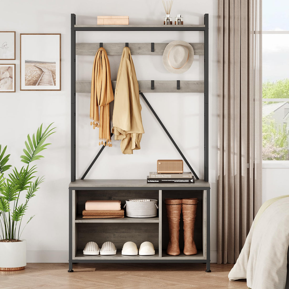 Garvee Porte-manteau avec banc et armoire 5 en 1, organisateur pour couloir et entrée, en bois, réglable et robuste