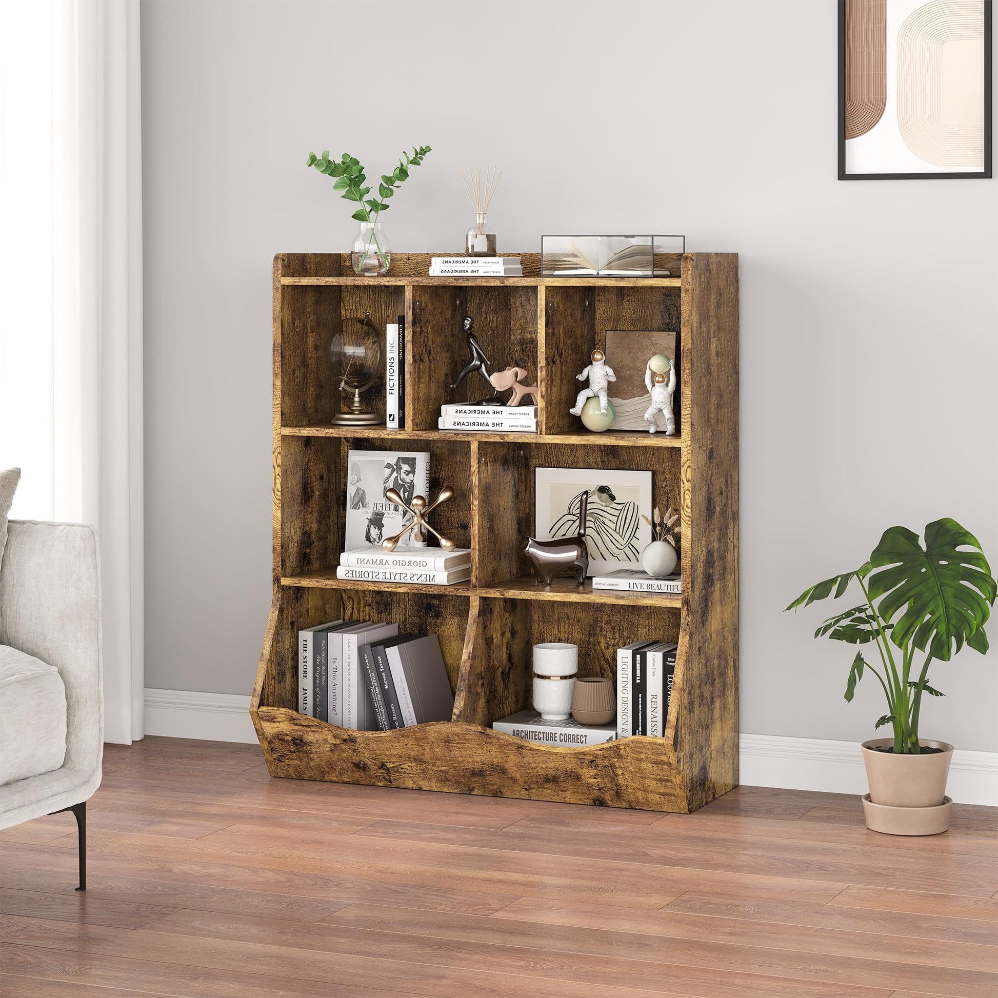 Armoire à jouets Garvee marron rustique à 3 étagères, protection anti-basculement pour chambres d'enfants et salles de jeux, en bois robuste et sécurisée pour les enfants.