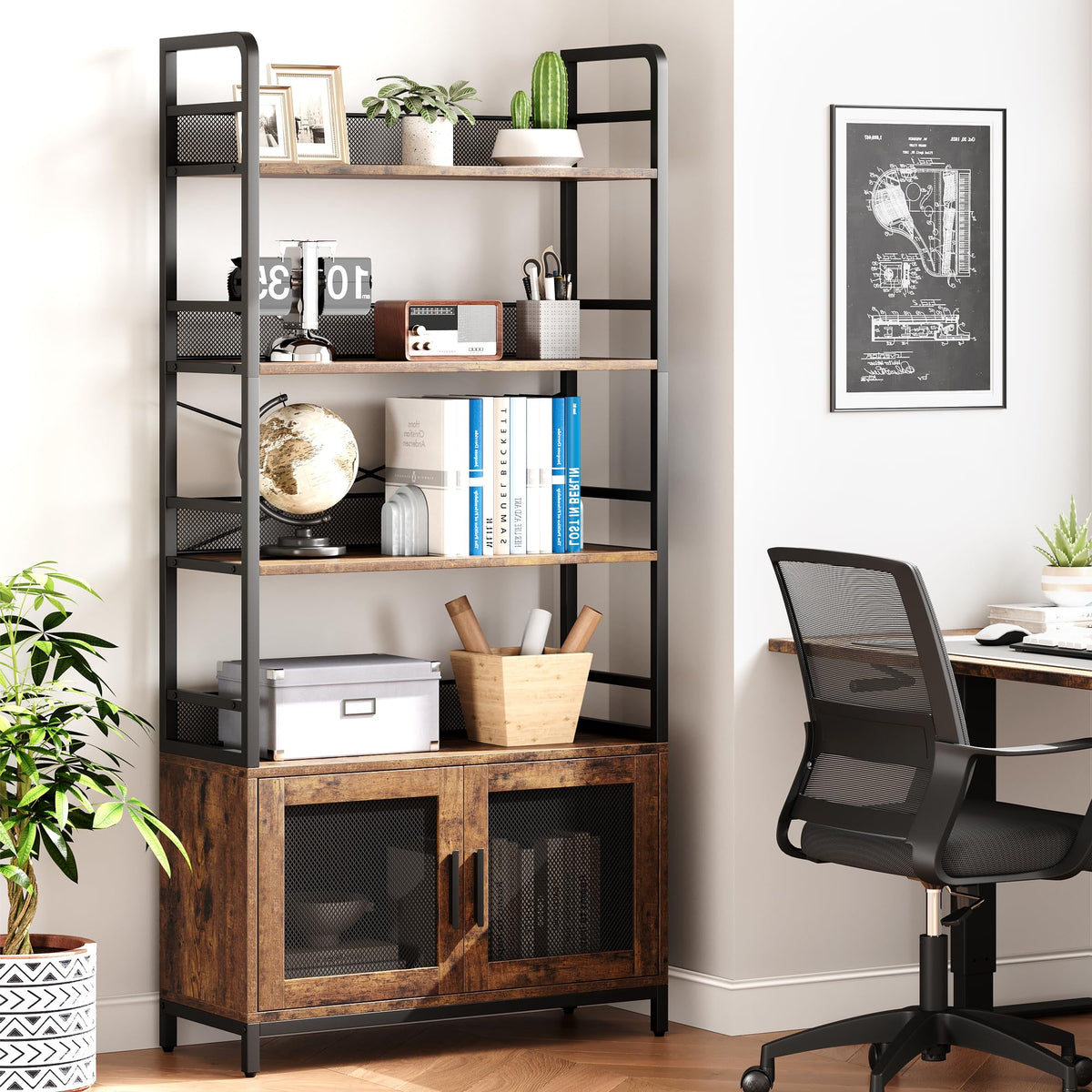 Garvee Bibliothèque Industrielle avec Portes Grillagées, 4 Étagères, Structure en Métal et Panneaux MDF, 180 × 80 × 30,5 cm, pour Salon et Bureau