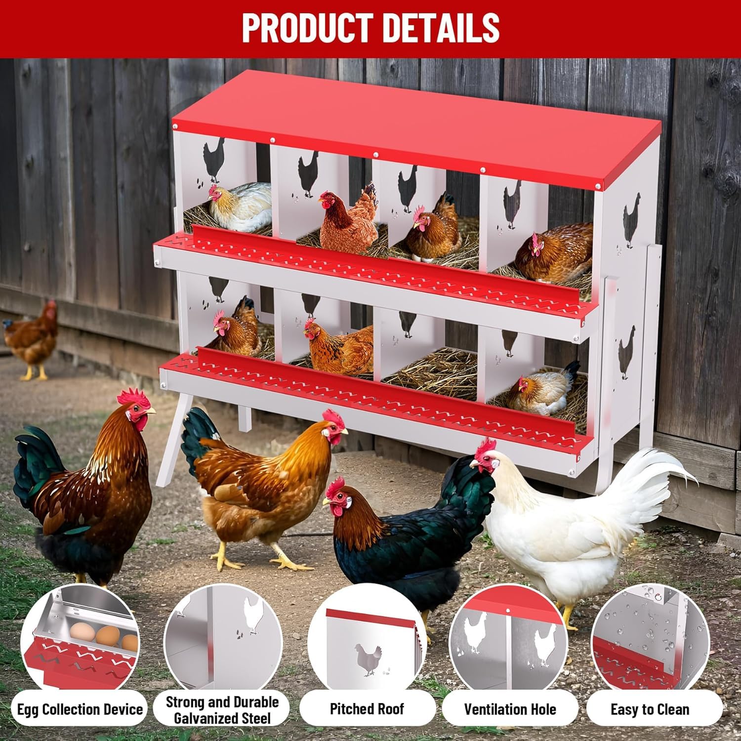 Garvee pondoir pour poules à 8 compartiments avec support métallique, acier galvanisé de 0,7 mm, système de collecte des œufs par roulement, perchoir et couvercle sécurisé, résistant aux intempéries, idéal pour poulaillers et fermes, rouge