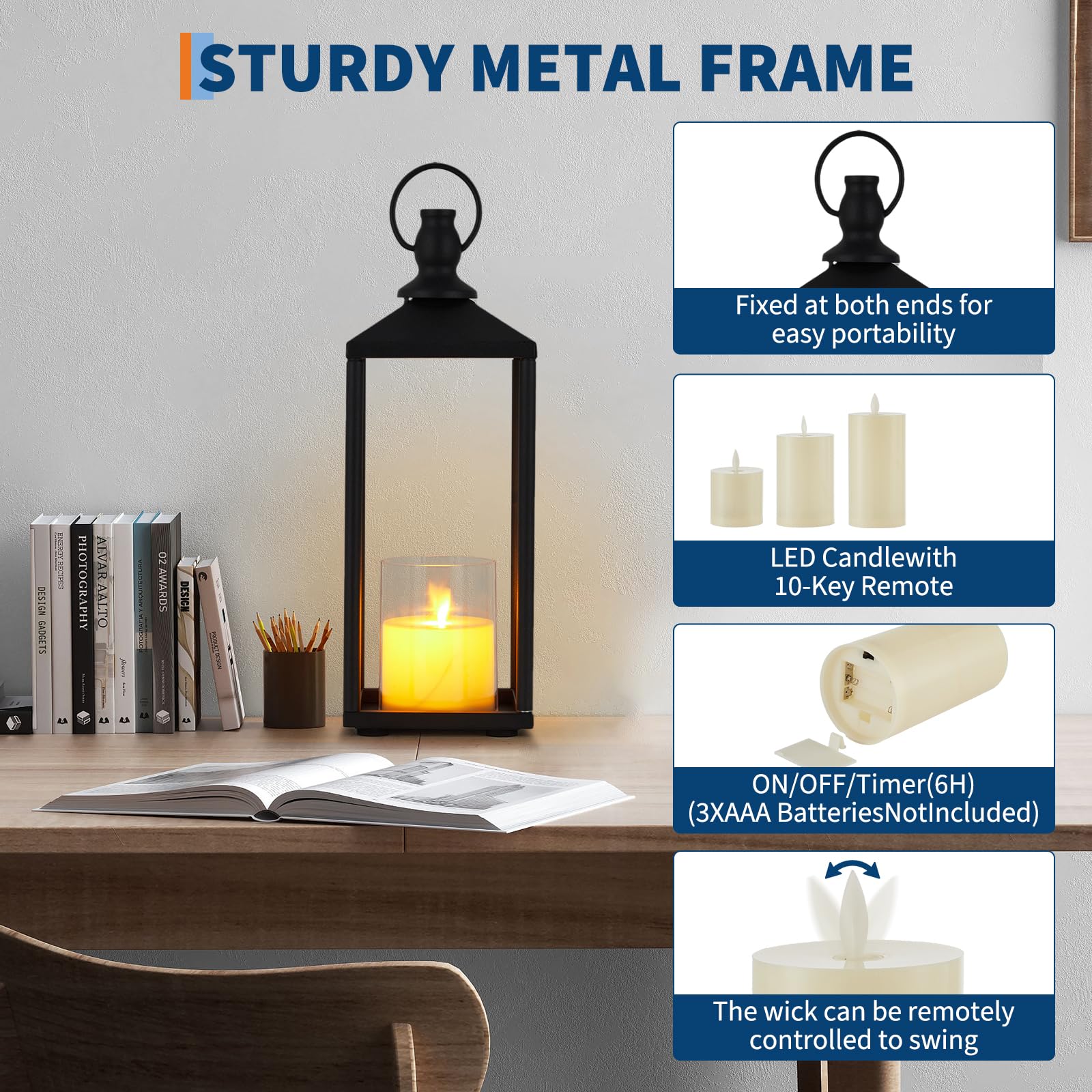 Garvee lot de 3 lanternes décoratives métal avec bougies LED sans flamme, 56 / 48 / 43 cm, noires, intérieur et extérieur