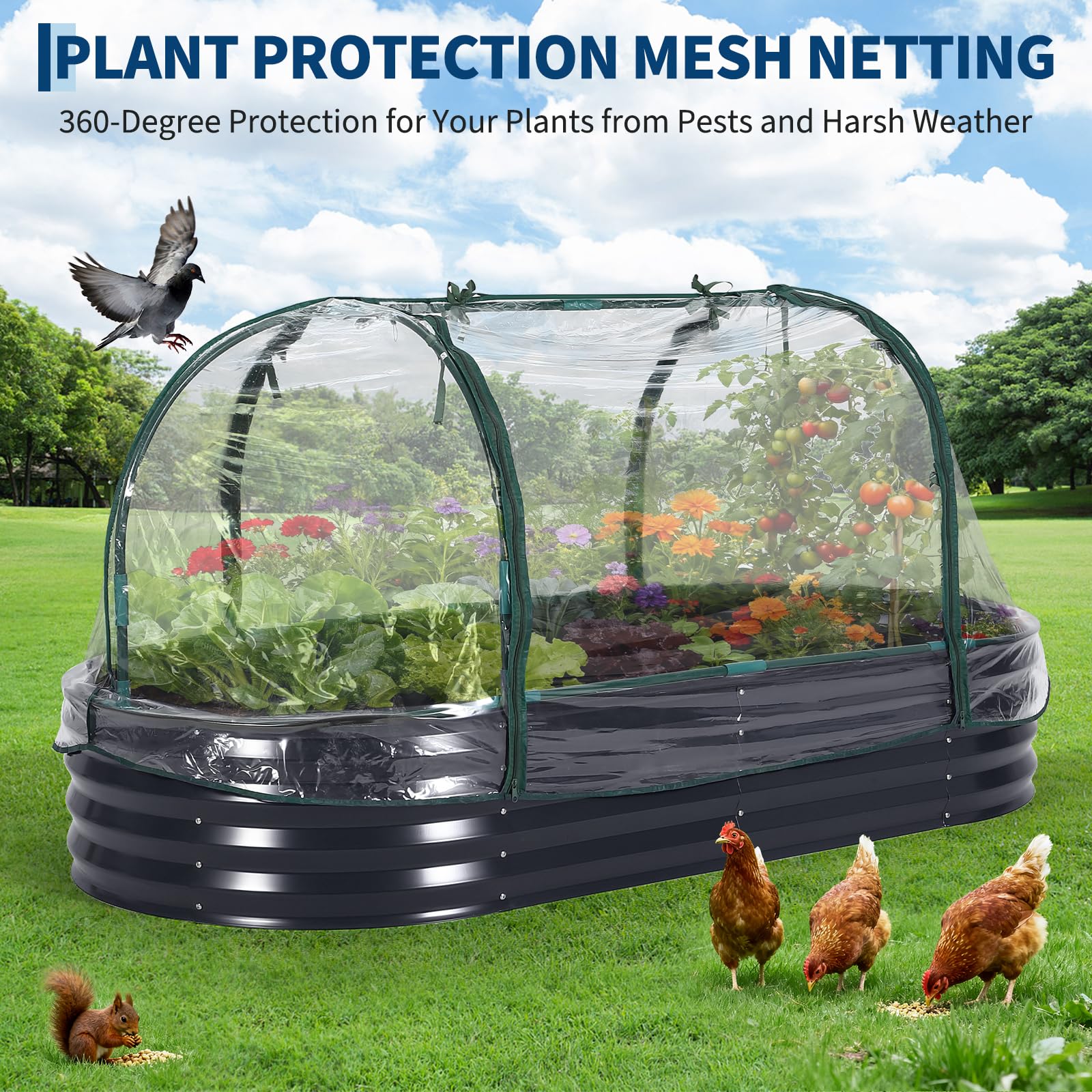Potager surélevé Garvee, en métal avec filet de protection contre les oiseaux, robuste, en acier galvanisé, pour légumes, fleurs et herbes aromatiques, résistant aux intempéries