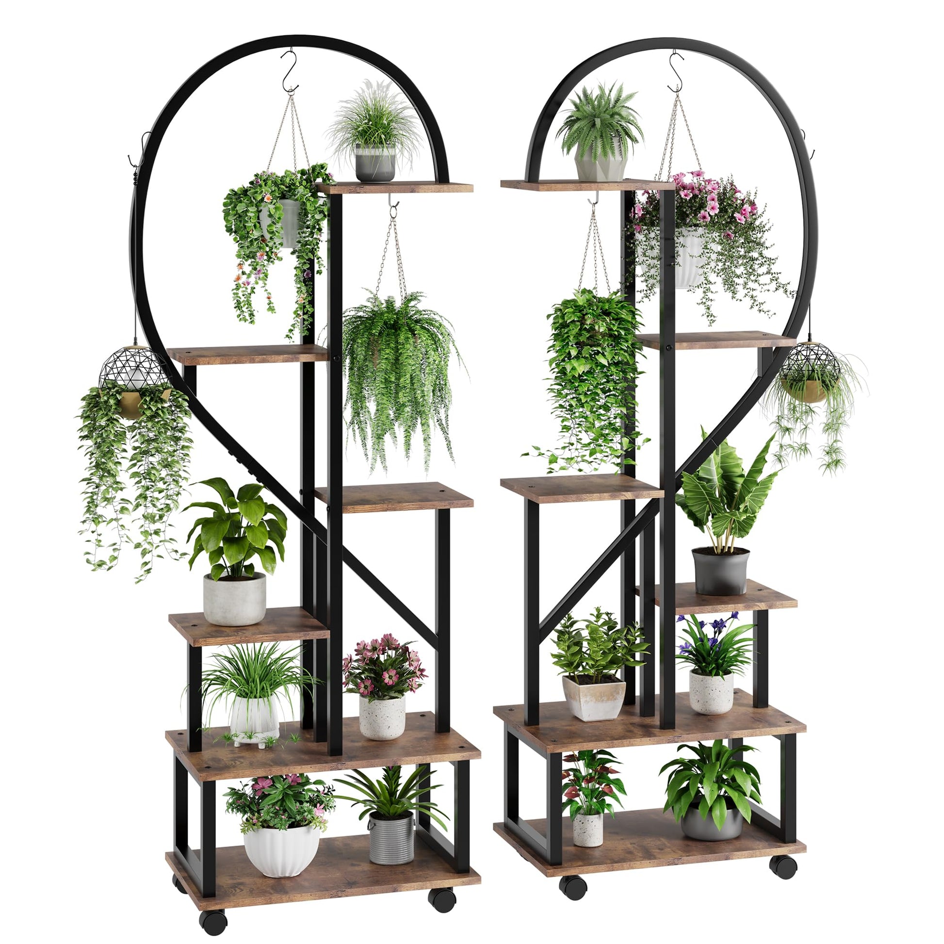 Ensemble Garvee de 2 supports à plantes en métal à 6 niveaux avec roulettes, design en demi-cœur, étagères en bois pour jardin et balcon, mobile, robuste, 173 cm (68 pouces), noir