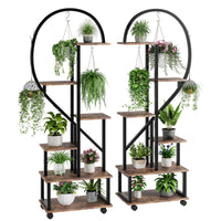 Ensemble Garvee de 2 supports à plantes en métal à 6 niveaux avec roulettes, design en demi-cœur, étagères en bois pour jardin et balcon, mobile, robuste, 173 cm (68 pouces), noir