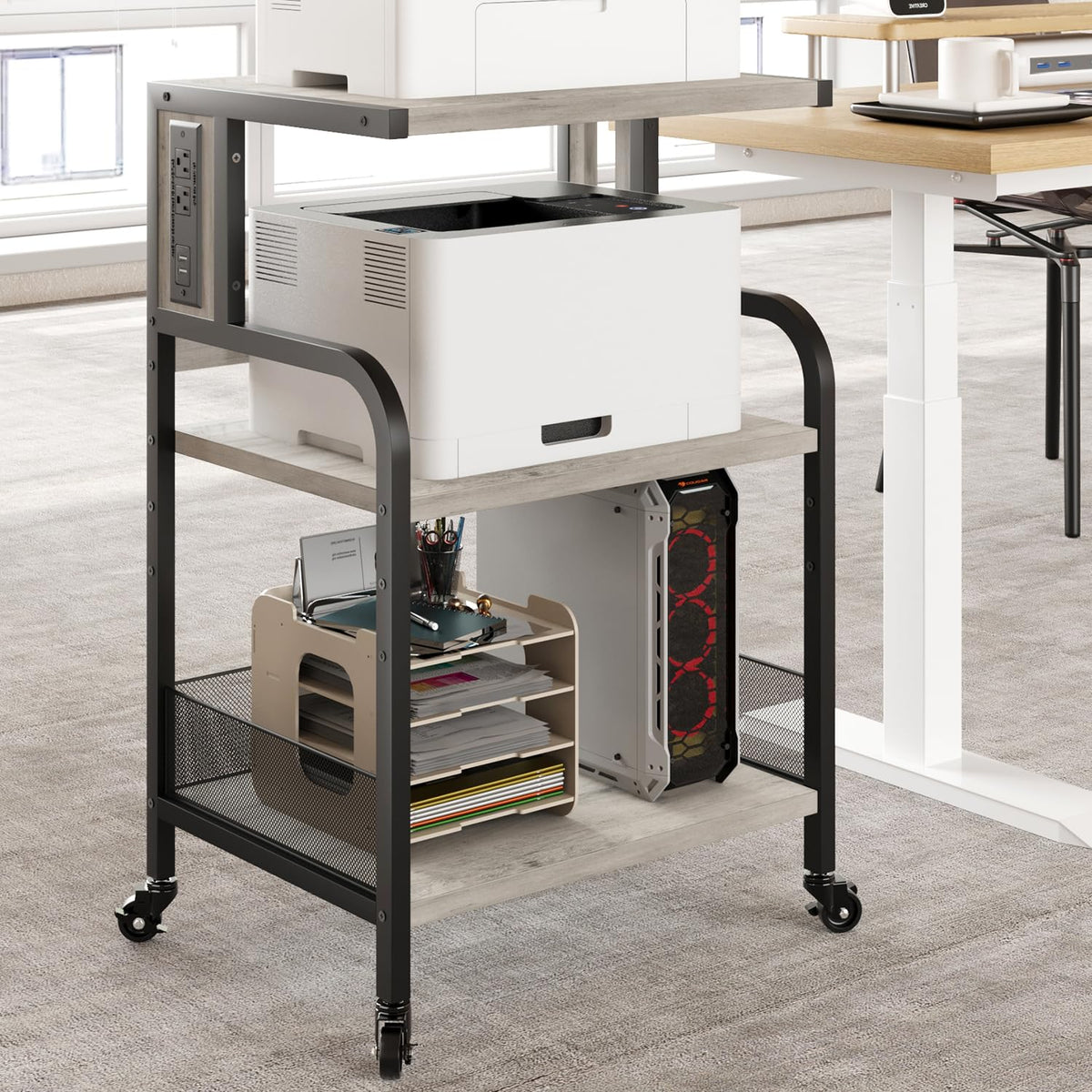 Garvee support d'imprimante avec fonction de chargement, structure en métal, hauteur réglable, pour le bureau et la maison, 52 × 40 × 80 cm, vert