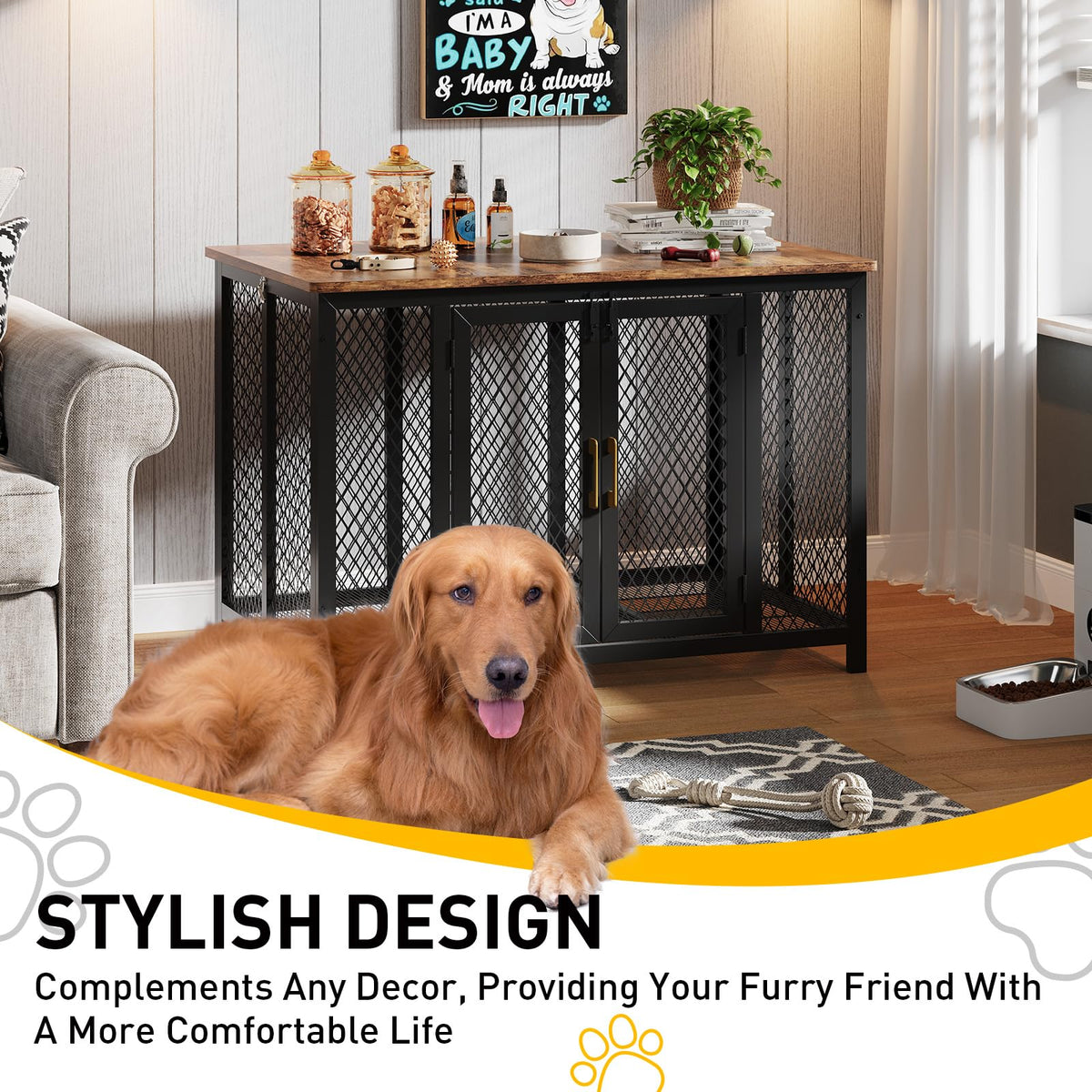 Garvee Cage pour chien 122 cm style meuble avec porte supérieure, structure robuste en bois et métal, design intérieur élégant, indestructible, adaptée aux chiens petits, moyens et grands.