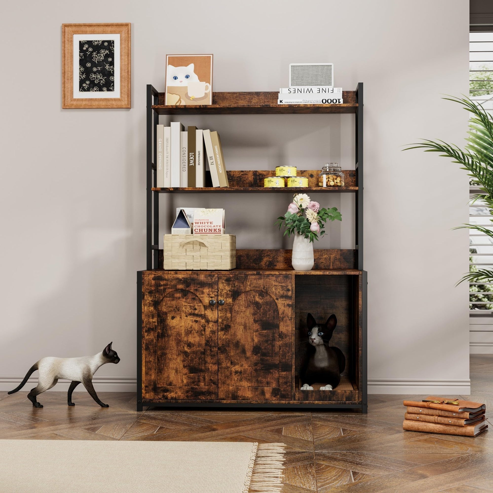 Garvee bac à litière pour chat avec 2 portes, griffoir, MDF, 2 étagères, cadre en acier pour le salon et la chambre, brun, 57 cm × 42 cm × 55 cm