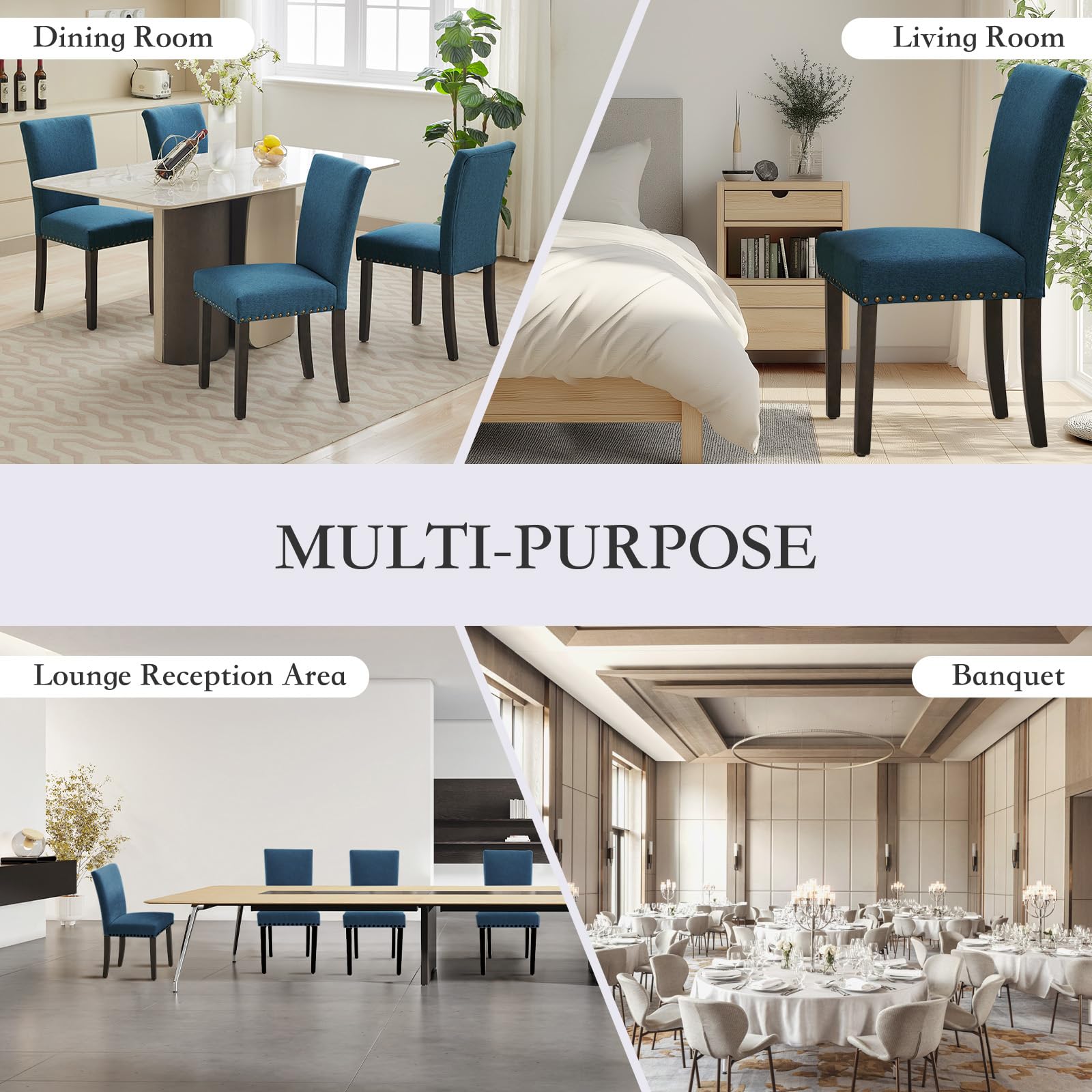 Ensemble de 2 chaises de salle à manger Garvee, revêtues de tissu ergonomique en lin bleu foncé, pour salon et salle à manger.