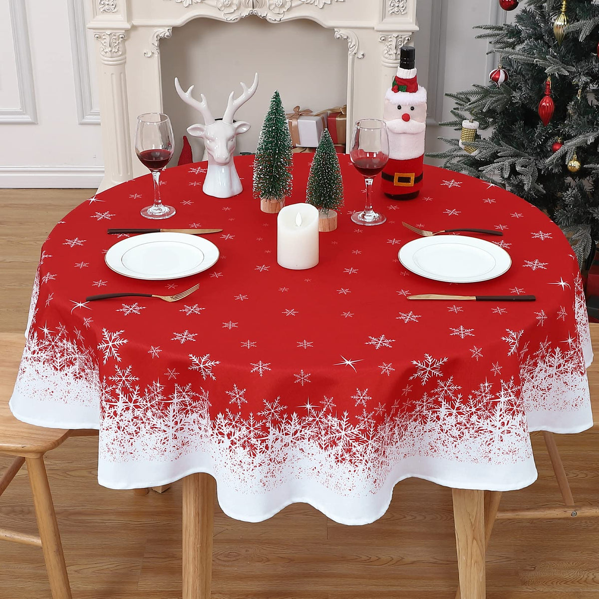 Garvee Nappe ronde Décoration de Noël Flocon de neige Imperméable Anti-taches Rouge 152 cm Salle à manger