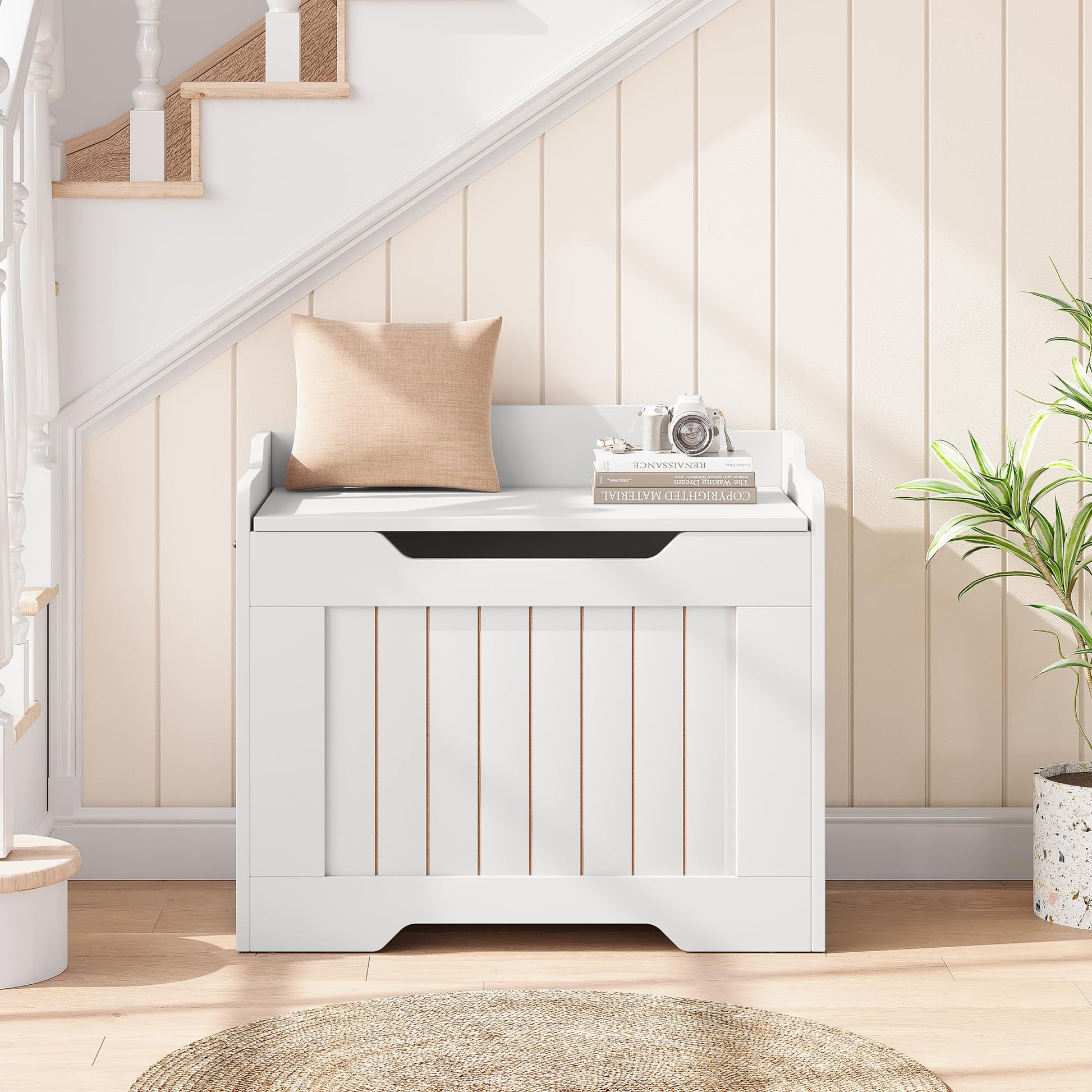 Garvee Coffre de Rangement pour Jouets avec Couvercle et Charnière de Sécurité, MDF Blanc, Style Rustique, Charge 159 kg