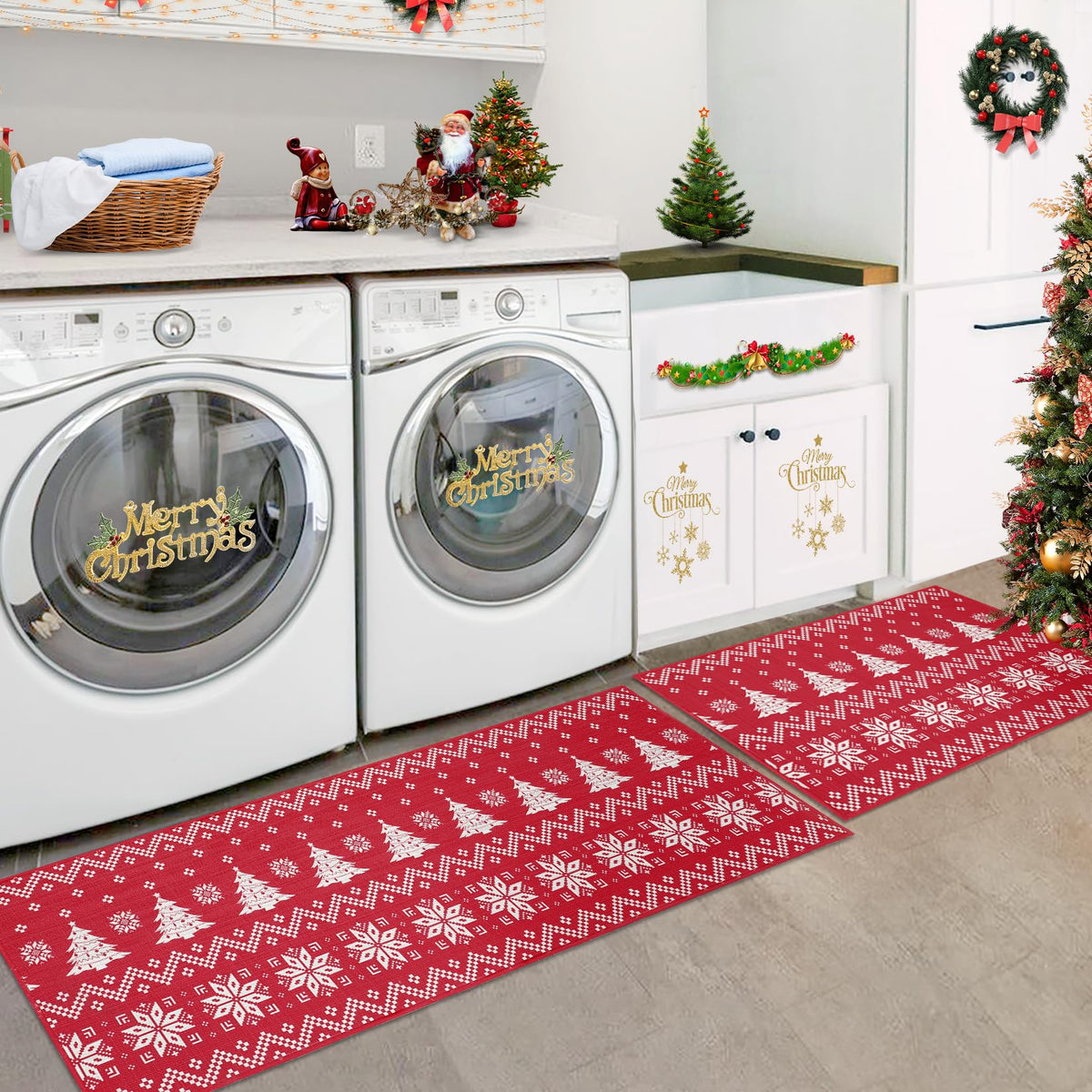 Ensemble de 2 tapis de cuisine Garvee Christmas, style bohème, en lin, pour le sol et la salle de bain, 40 x 60 cm + 40 x 120 cm