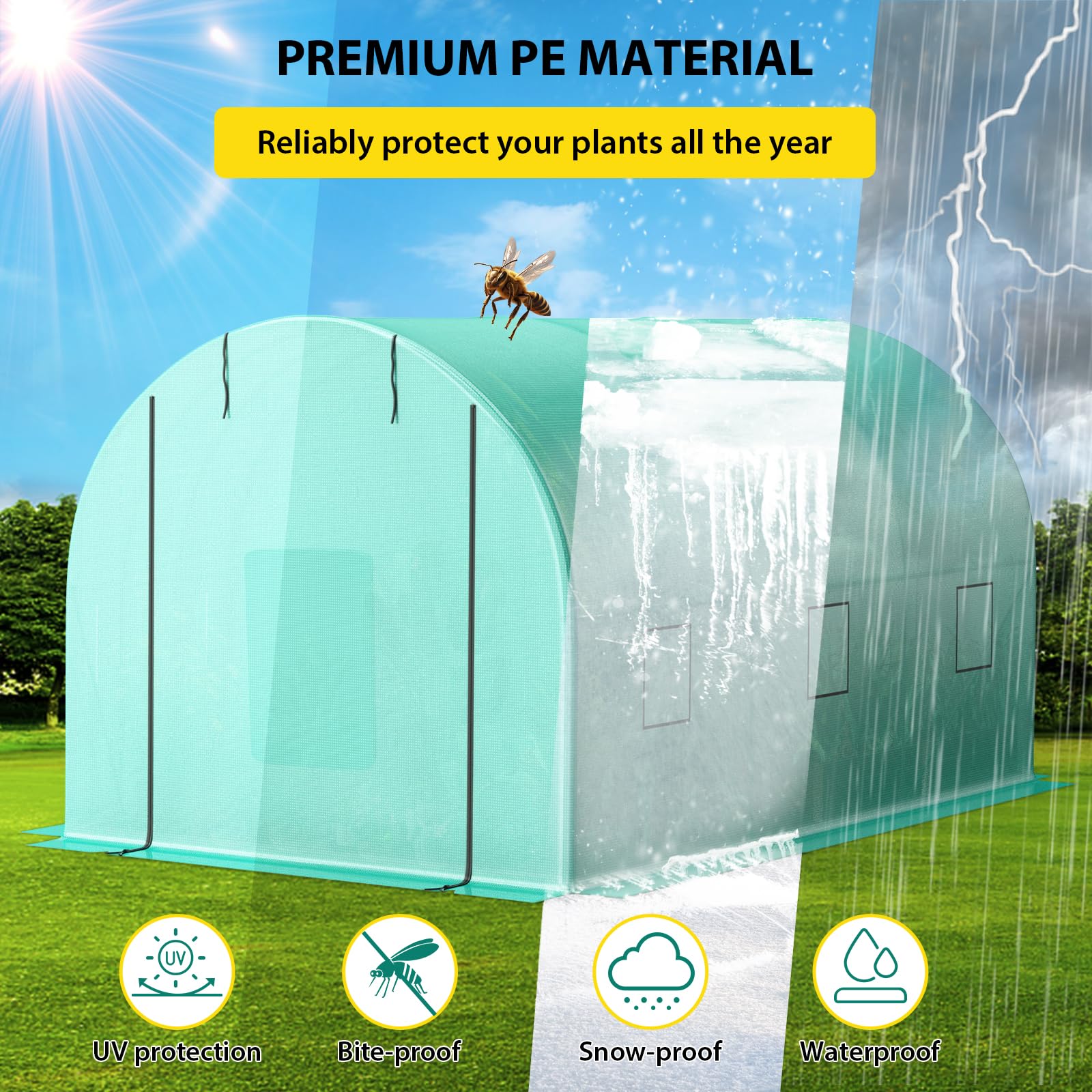 Serre Garvee 2,4 × 3,9 × 2,1 m – Structure en acier galvanisé avec 6 fenêtres et 2 portes zippées, bâche en PE, résistante au vent et aux intempéries, verte