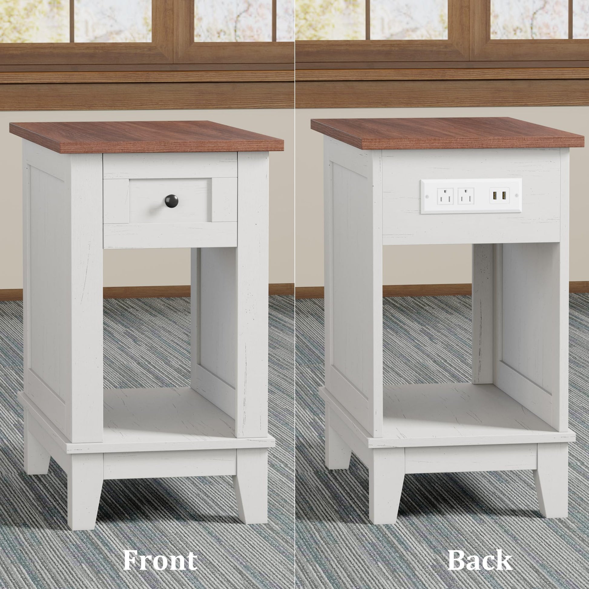 Garvee table d'appoint étroite avec station de charge, 2 ports USB et 2 ports secteur, en MDF, elle est disponible en plusieurs coloris de bois
