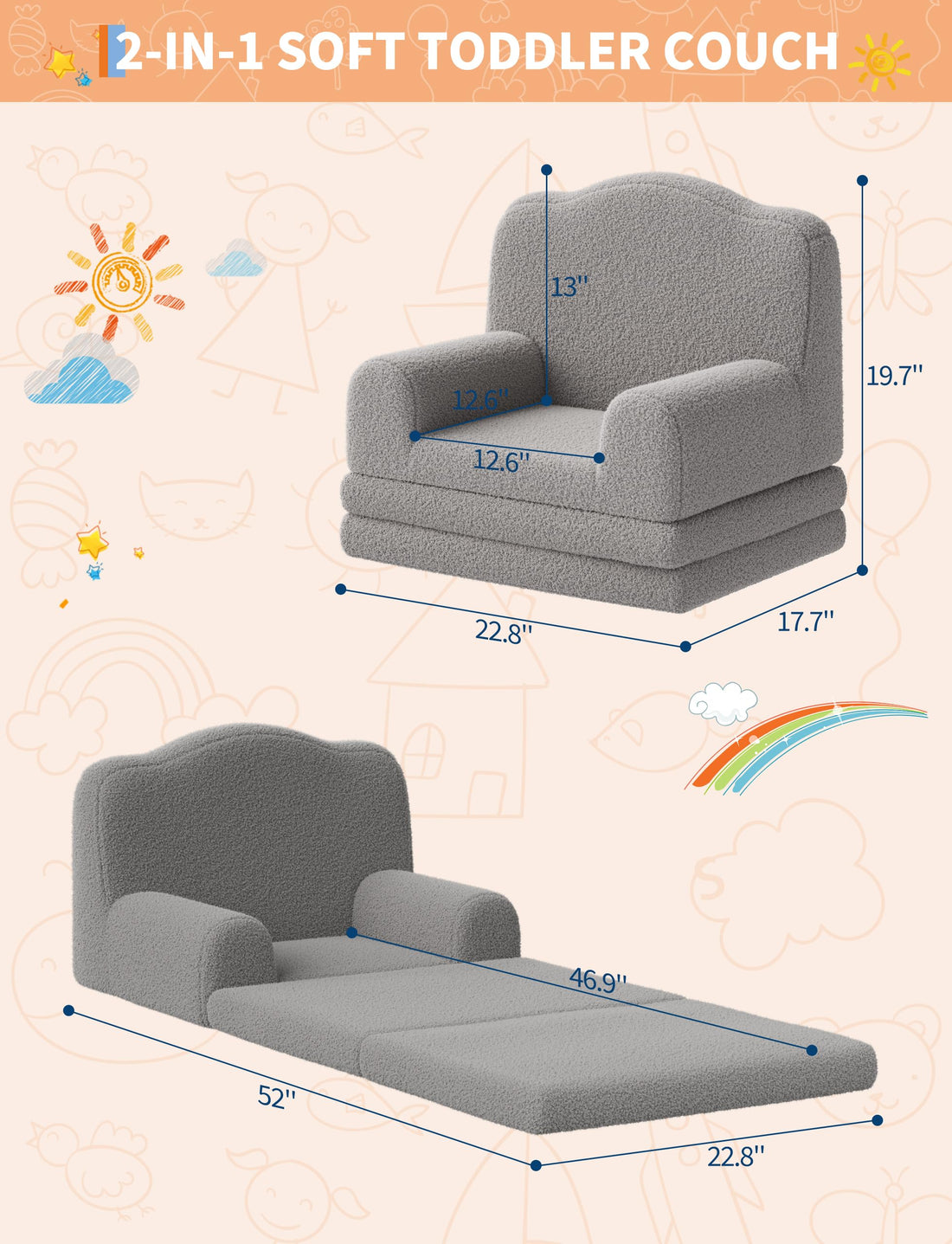 Garvee Canapé enfant convertible 2 en 1 très confortable, en mousse, avec revêtement en sherpa doux et antidérapant, de couleur grise, idéal pour la salle de jeux. Léger et sûr