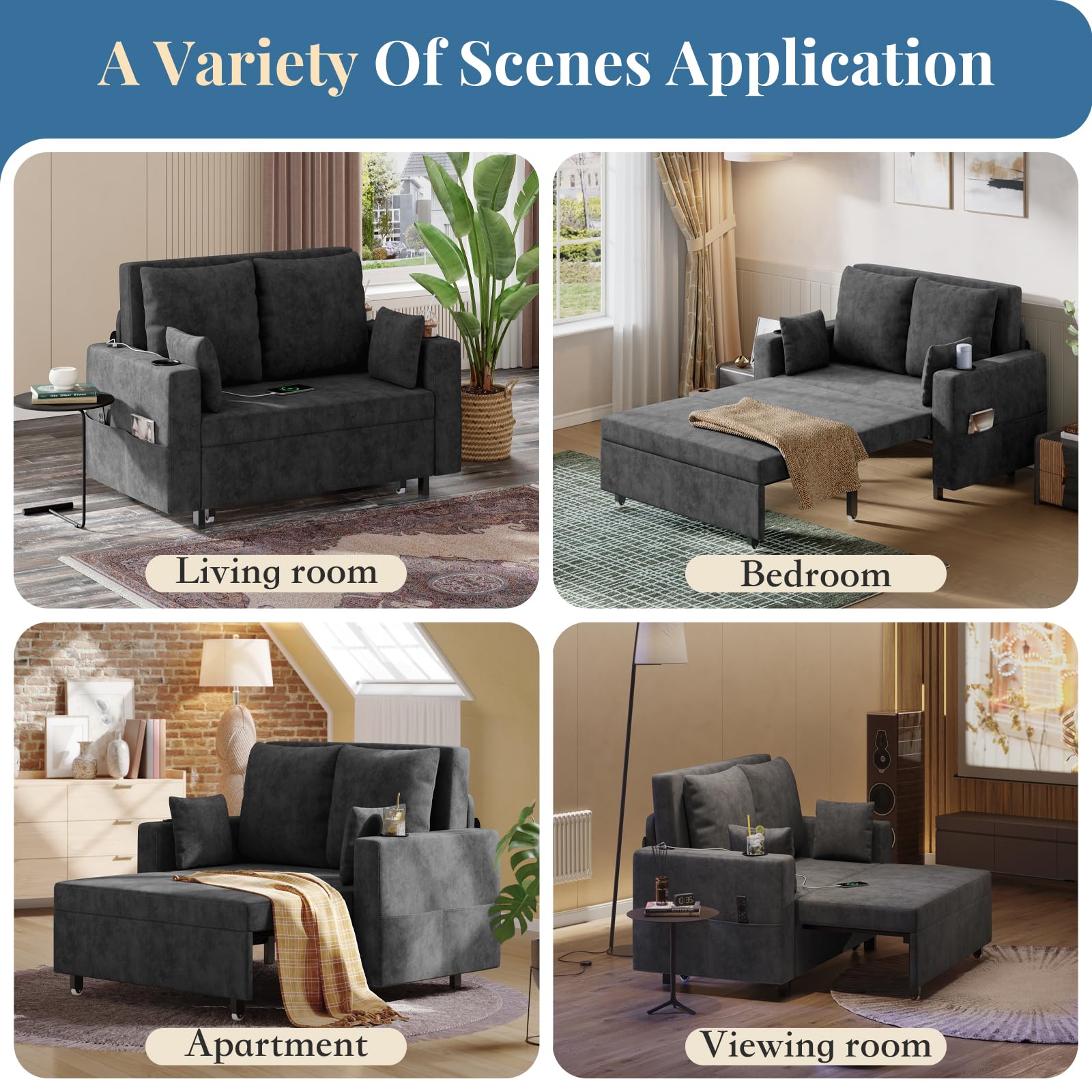 Canapé-lit 3 en 1 Garvee, 2 places, structure en acier, port de chargement USB, idéal pour les petits espaces, 142 cm (56 pouces), noir