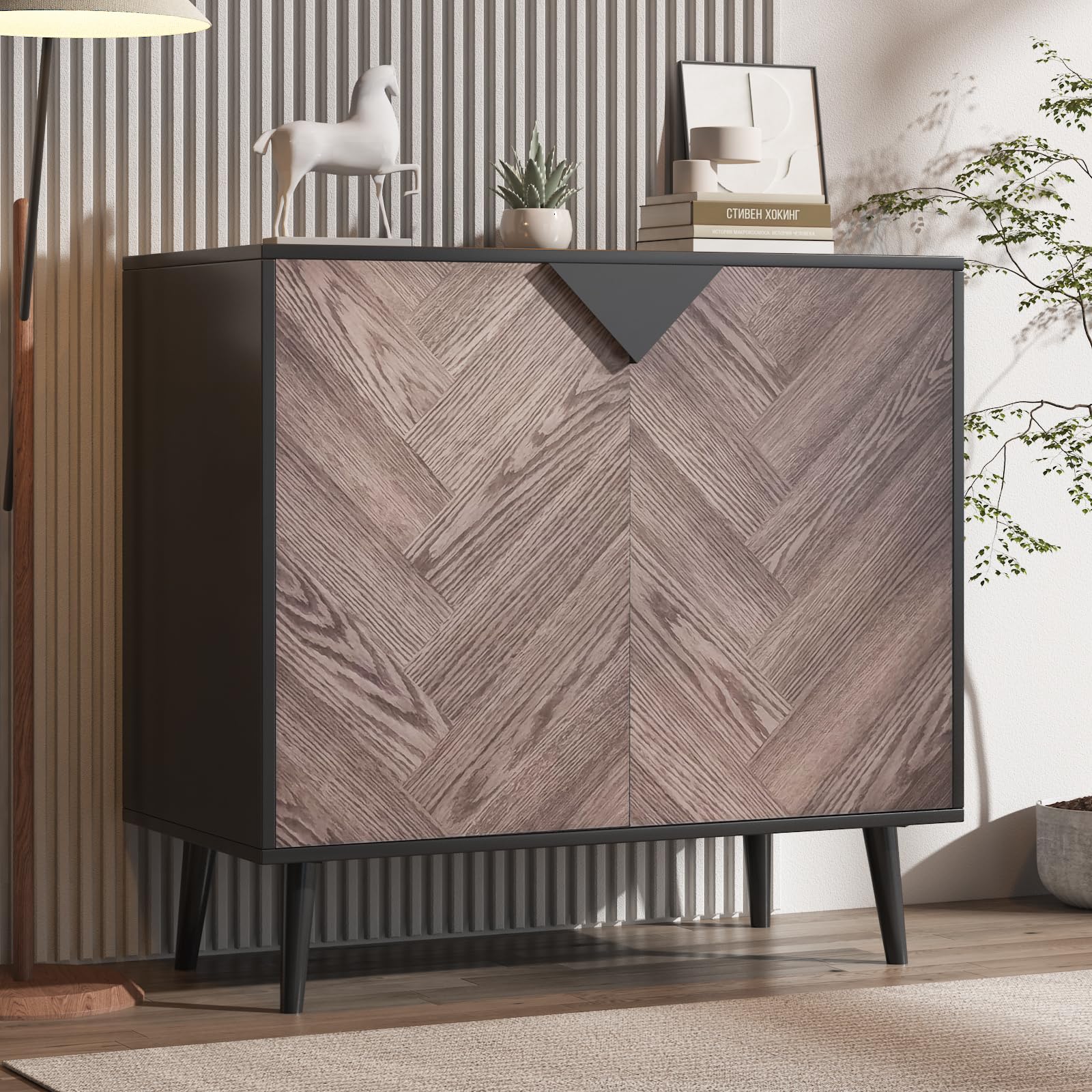 Buffet/meuble de rangement d'appoint moderne Garvee, avec portes, aspect bois, noir-gris, 80 cm, salle à manger, couloir
