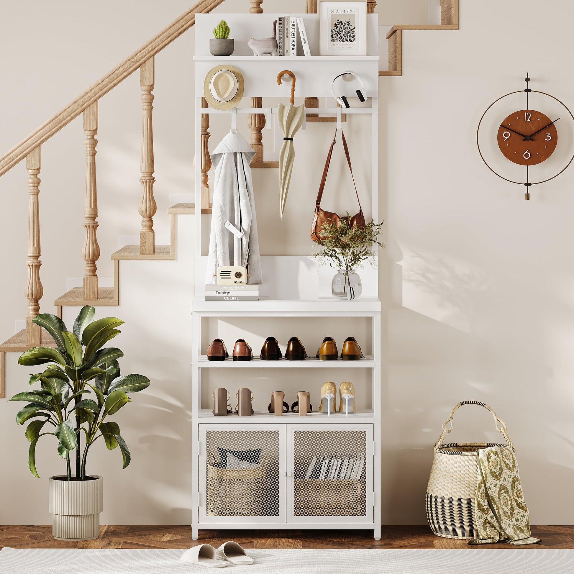 Armoire-penderie Garvee Hall Tree avec portes, blanche, 185 cm - 7 crochets et étagère à chaussures pour couloir, chambre, entrée - MDF et métal - Pieds anti-basculement et réglables